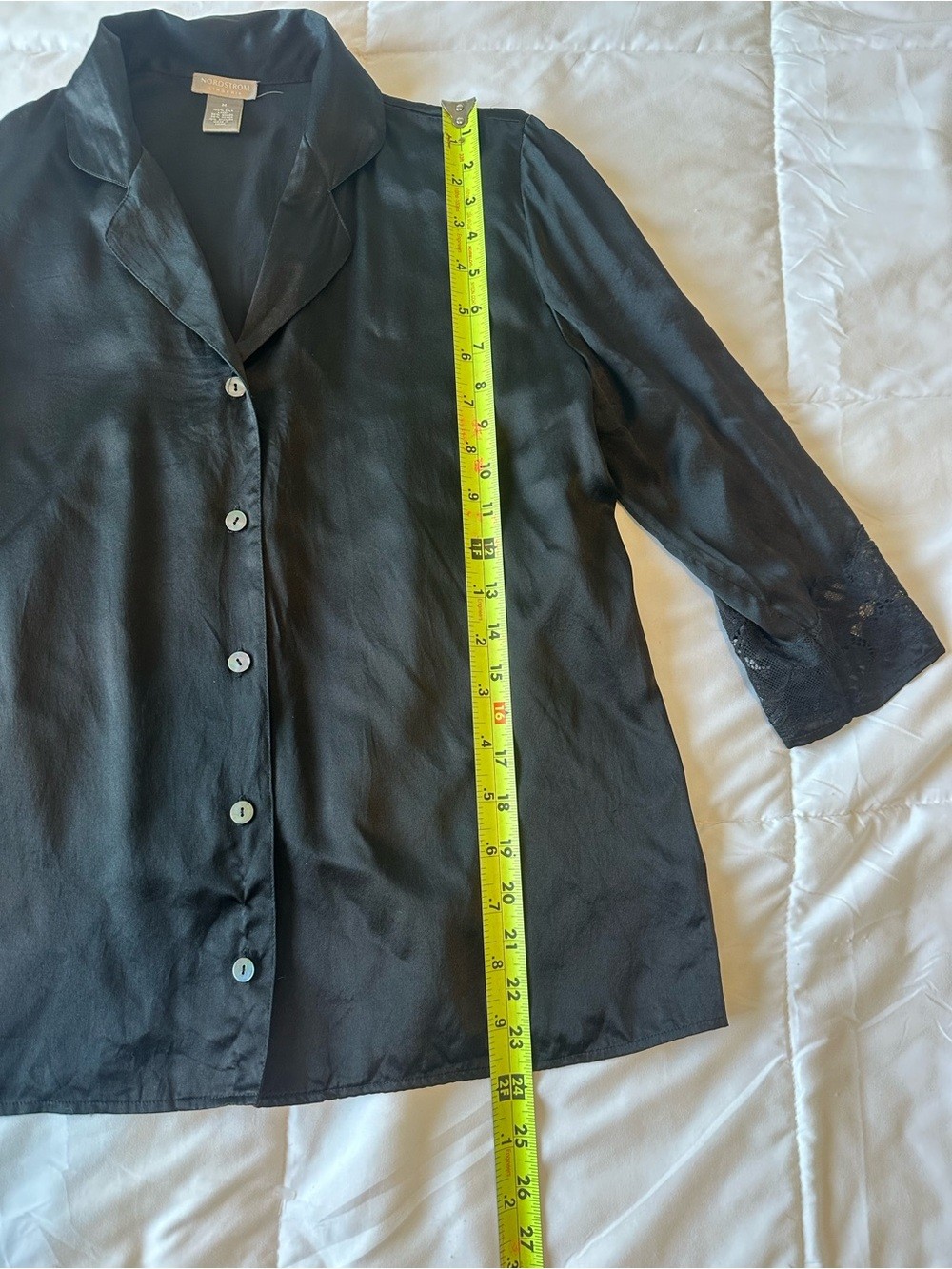 Nordstrom 100% Silk Black Button-Front Collared Top with Lace Trim Size M Luxe