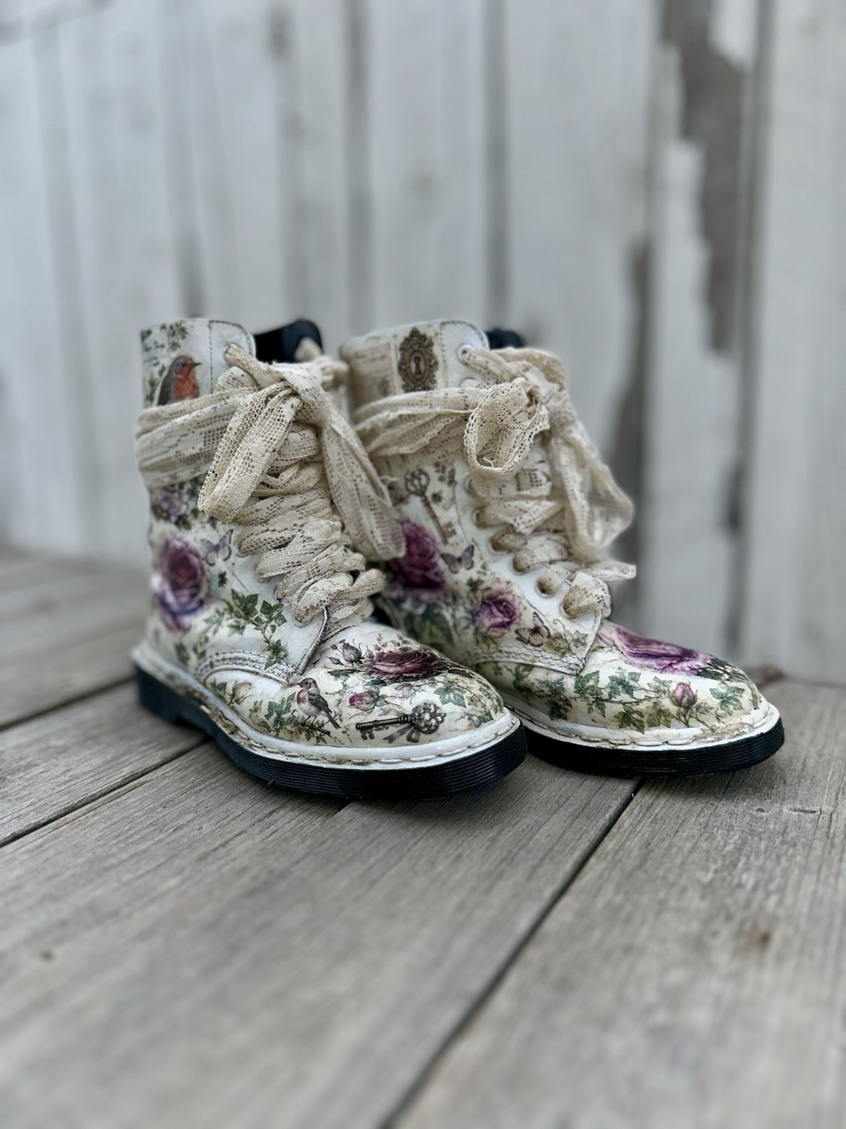 Women’s Floral Lace-Up Ankle Combat Boots Leather Round Toe Beige/Purple 6