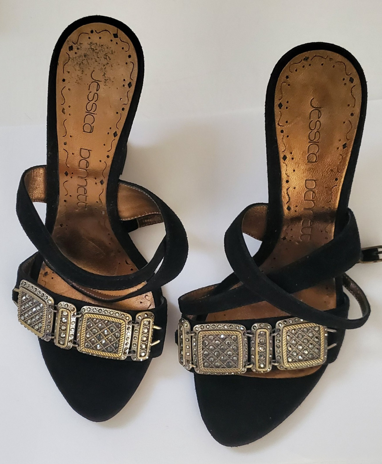 Jessica Bennett Jcullare Black Suede Bejeweled ankle strap Wedge Shoe