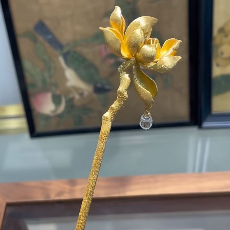 Lotus Hairpin Crystal Drop Chinese Style Gold Hair Stick Hanfu Qipao Accessory