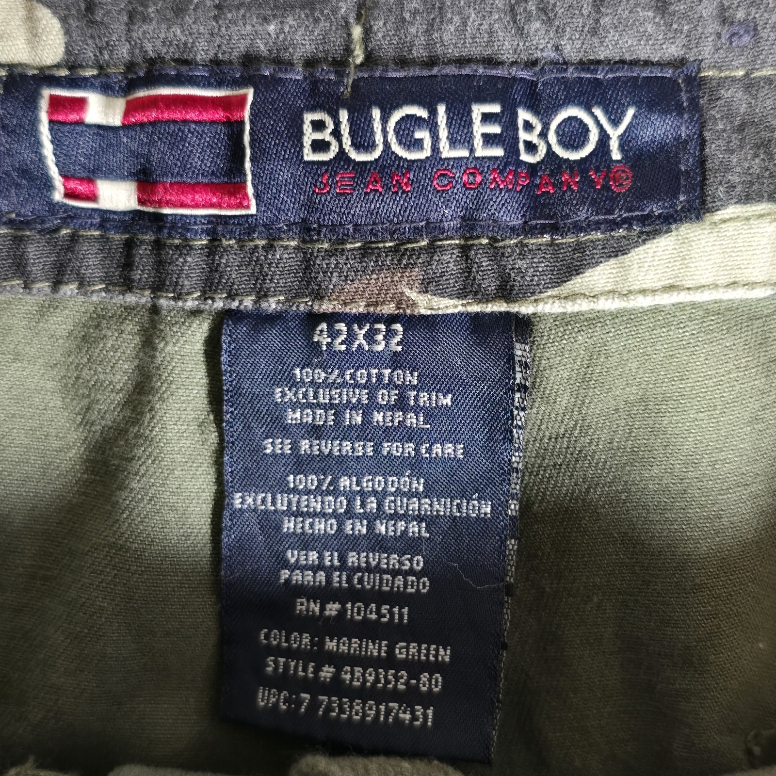 Vtg Bugle Boy Army Patch Cargo Pant Mens 42×32 Green 90s Y2K Baggy Skater Grunge