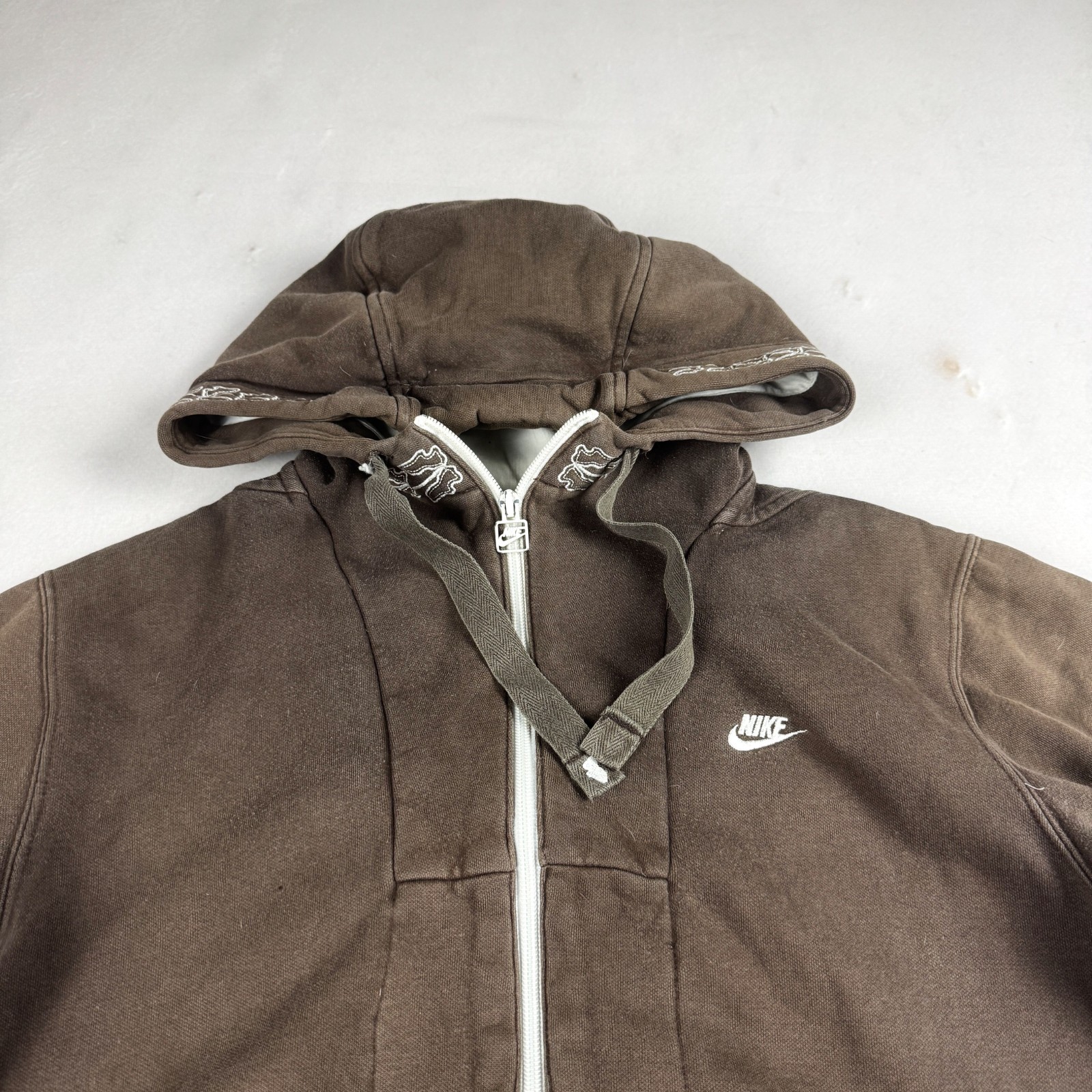 Womens Nike Y2K Full Zip Hoodie Brown Faded Heavyweight Sweatshirt Minimal Sport
