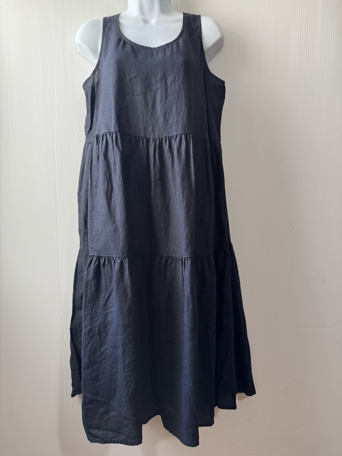 Eileen Fisher Linen Tiered Dress Womens Sz Small Black Midi Coastal Minimalist
