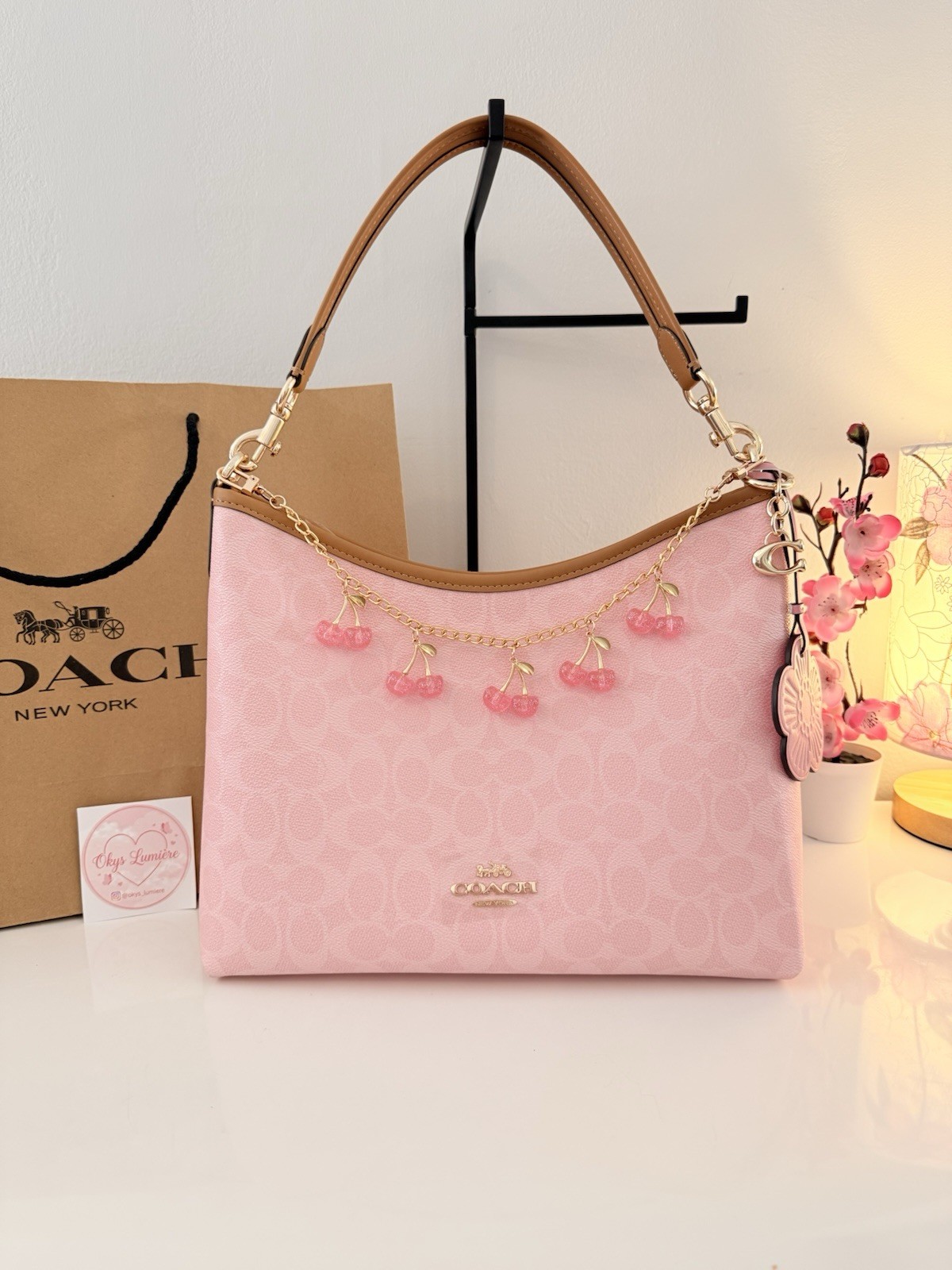 Coach Signature Logo Pink Shoulder Bag Zip Adjustable Strap Gold Hardware Charm