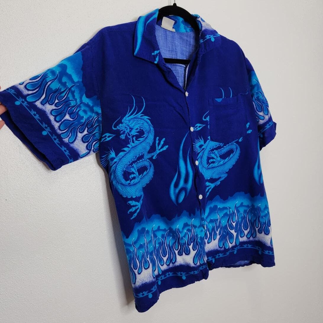 Vintage 90s y2k Button Hawaiian Dragon Art Hip Hop Shirt VTG Cobain Grunge