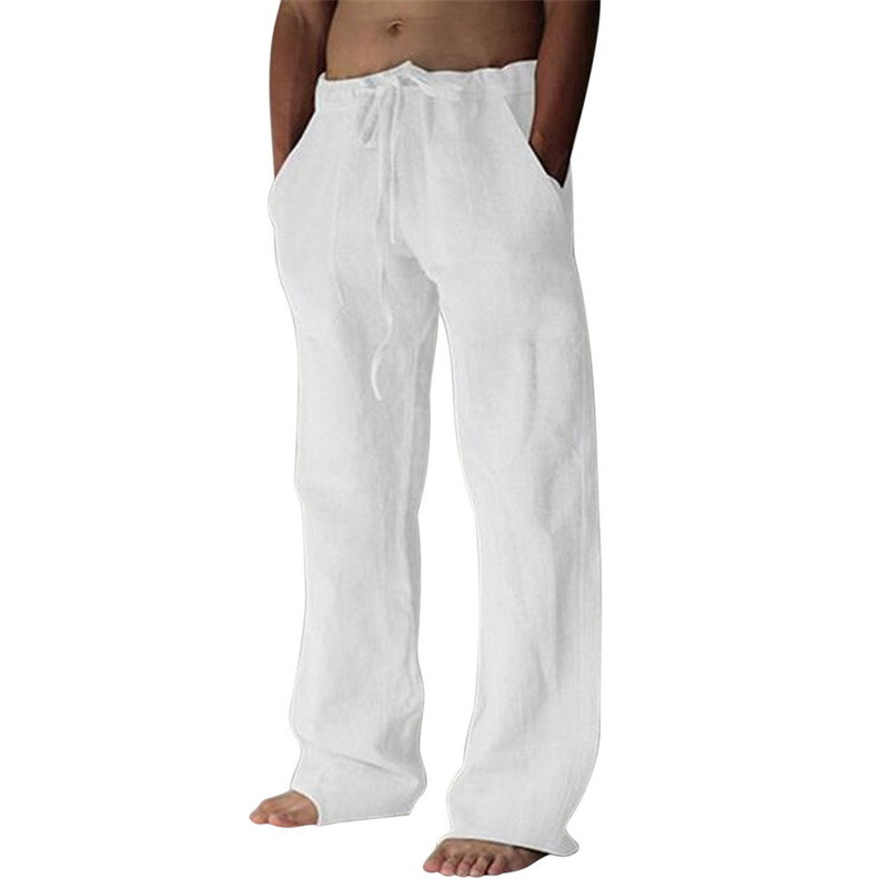 Mens Cotton Linen Loose Pants Solid Color⭐Casual Baggy Summer Beach Trousers