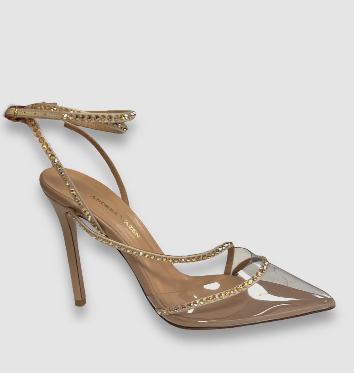 $695 Andrea Wazen Women’s Beige Dassy Sunset Clear PVC Ankle Wrap Pumps Size 38