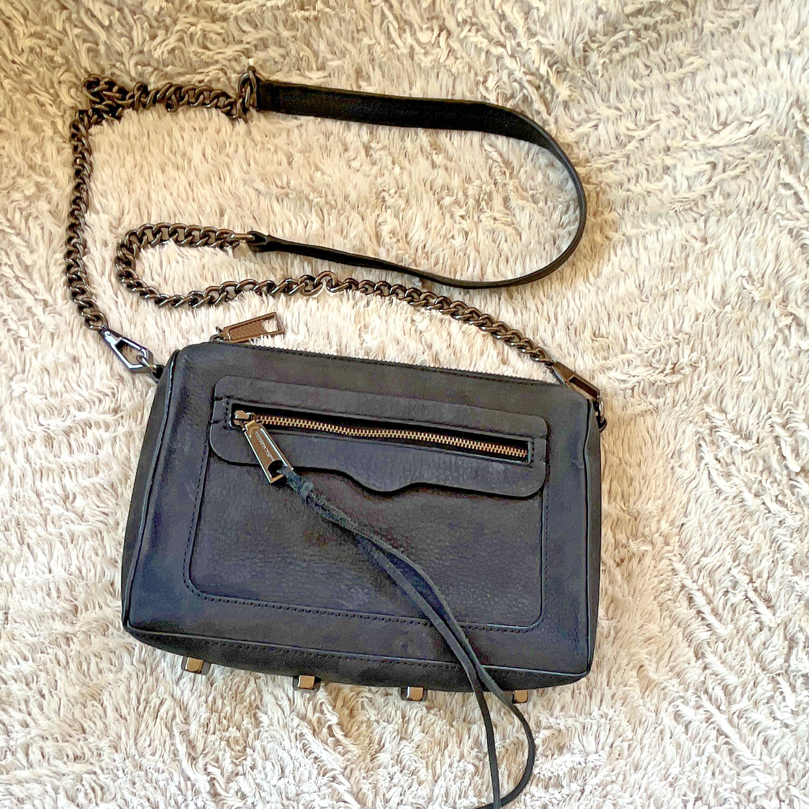 Rebecca Minkoff Black Pebbled Crossbody Bag Chain Strap Zip Outer Pocket Studs
