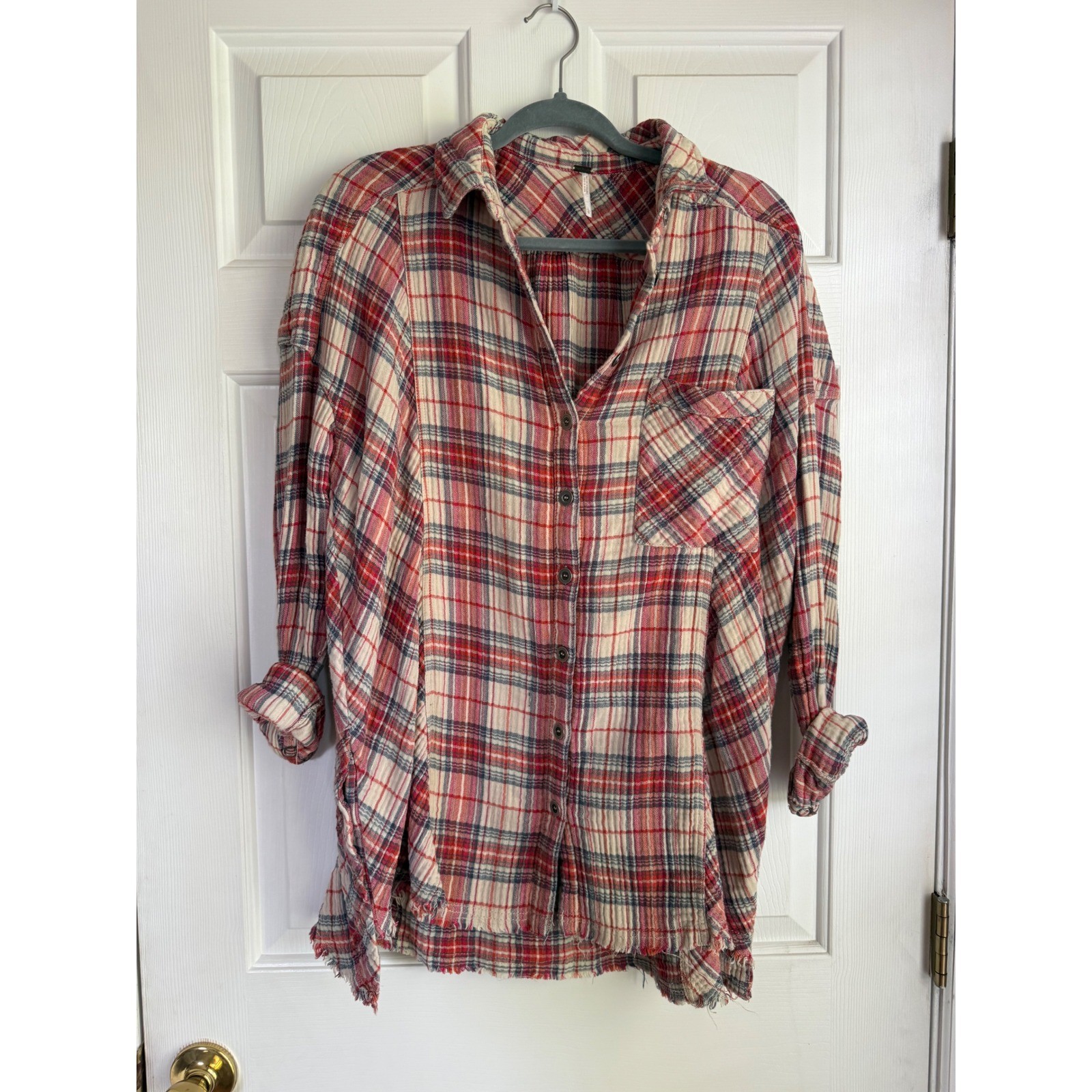 Free People Red Plaid Button Down Shirt Raw Hem Oversized Flannel