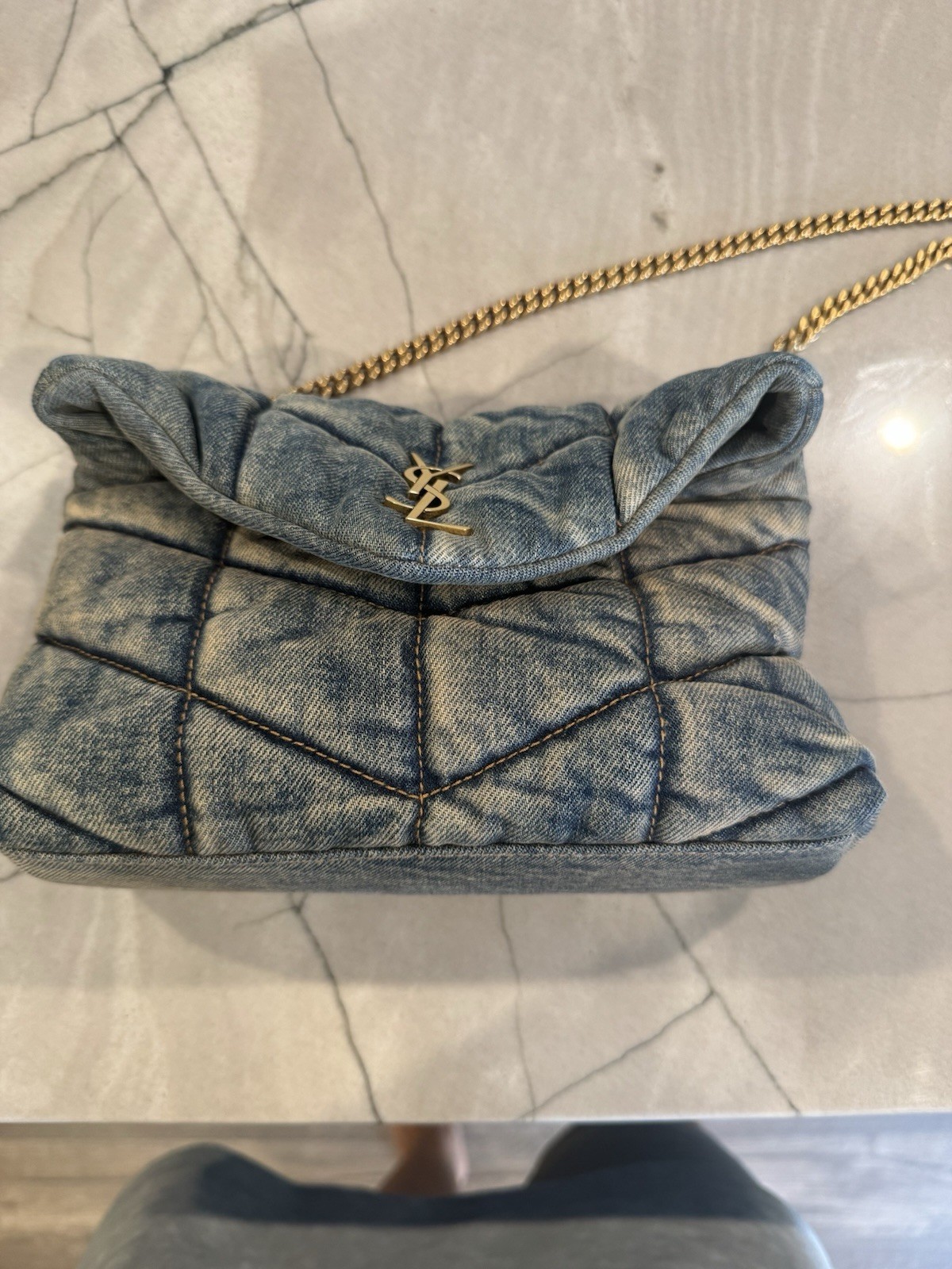 Saint Laurent Denim Quilted Toy Loulou Puffer Monogram Chain Satchel Blue Black