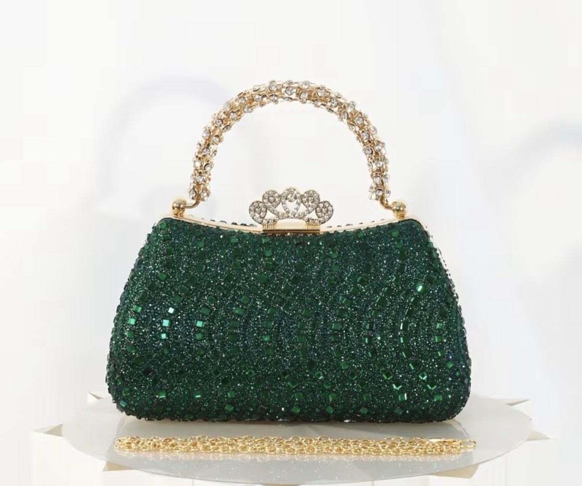 Women’s Green Crystal Rhinestone Rectangle Clutch Top Handle, Clasp, Chain Strap