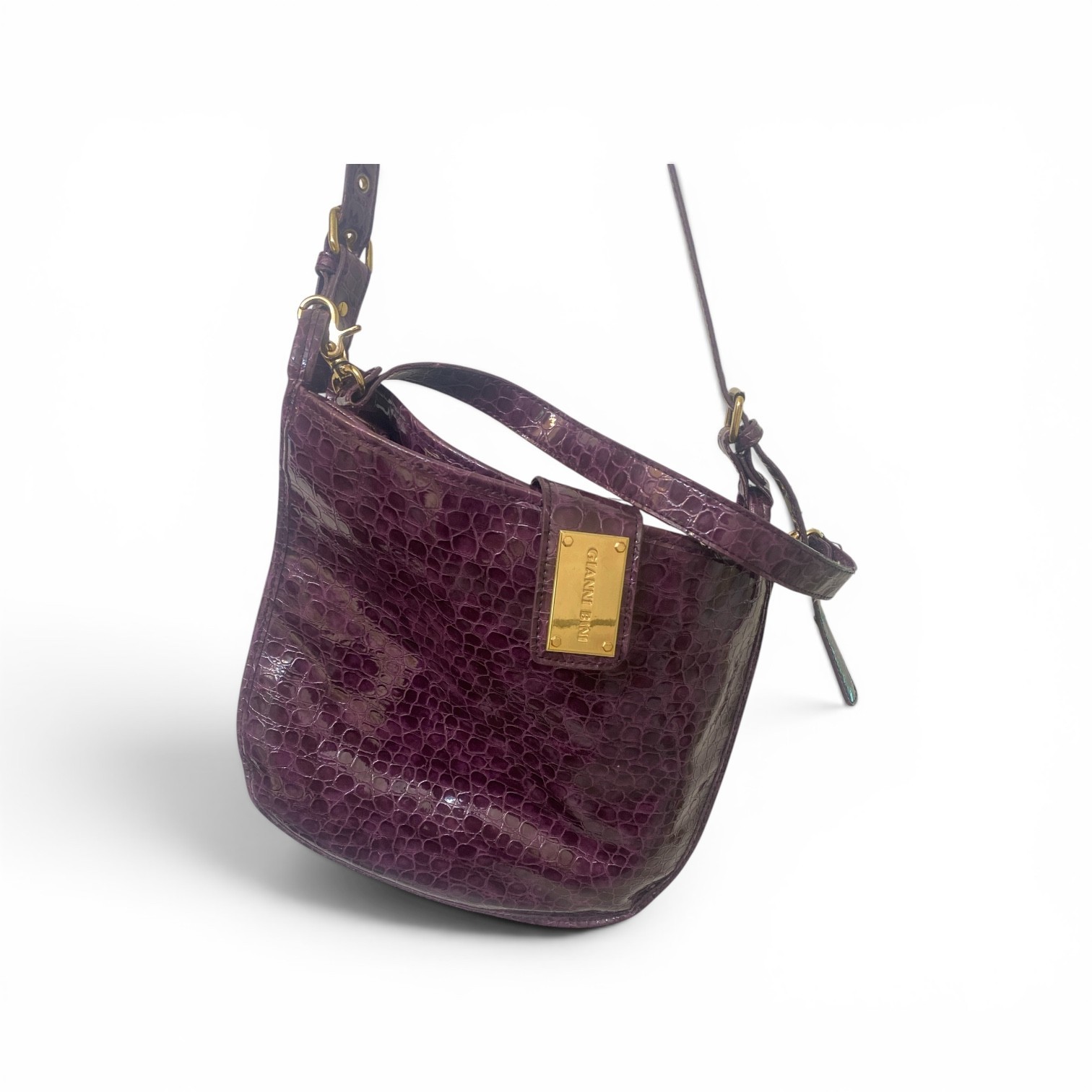 Gianni Bini Purple Croc Embossed Patent Leather Shoulder Bag Gold Hardware