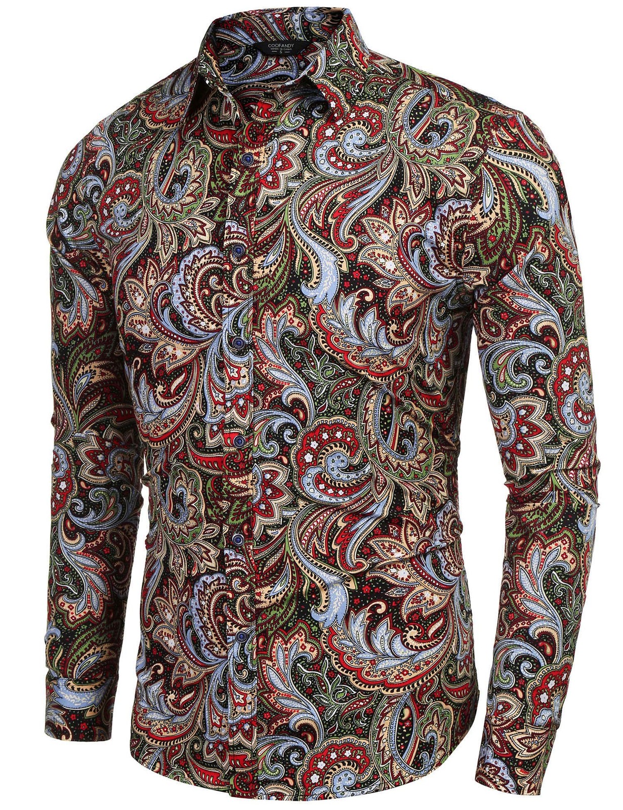 Men’s Floral Print Button Down Casual Long Sleeve Hawaiian Shirt(Wine Red,L)
