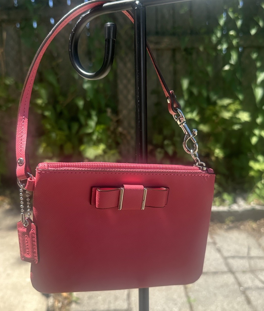 Coach Pink Crossgrain Leather Bow Wristlet Pouch Clutch Wallet