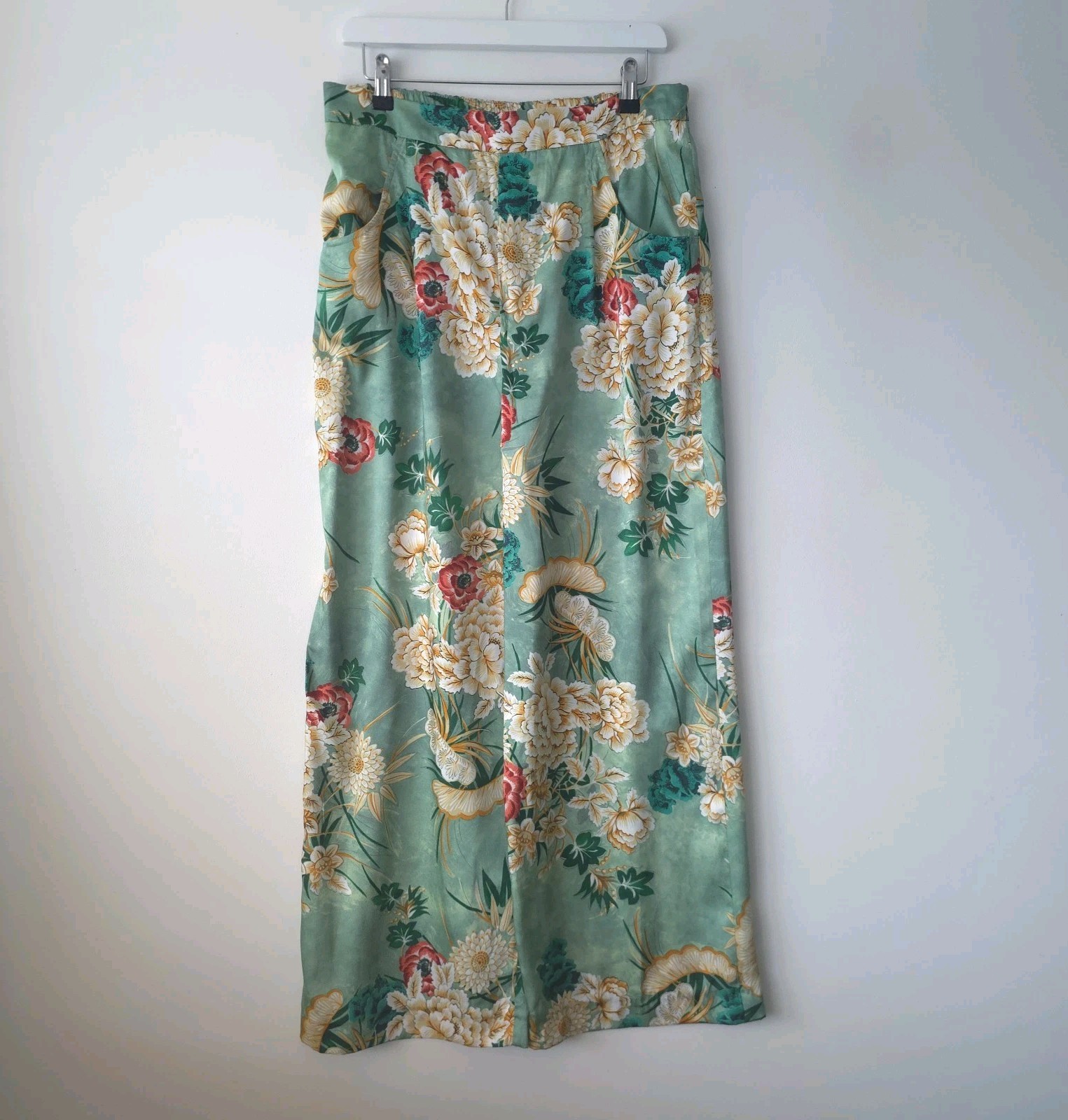 Zara Oriental Satin Green Wide Leg Elastic Waist Trousers L 10