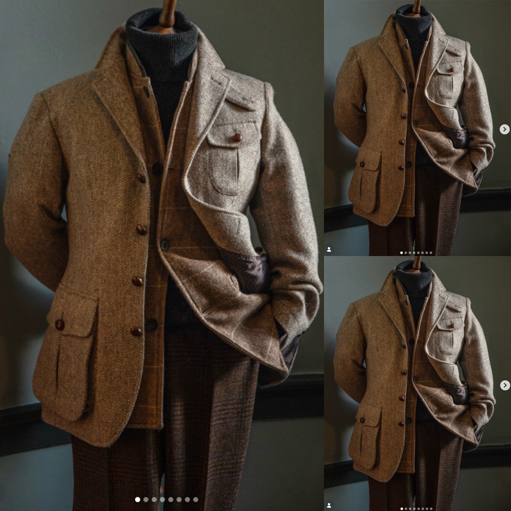Brown Tweed Men’s Herringbone Suit Safari Jacket Urban Versatile Hunting Coat