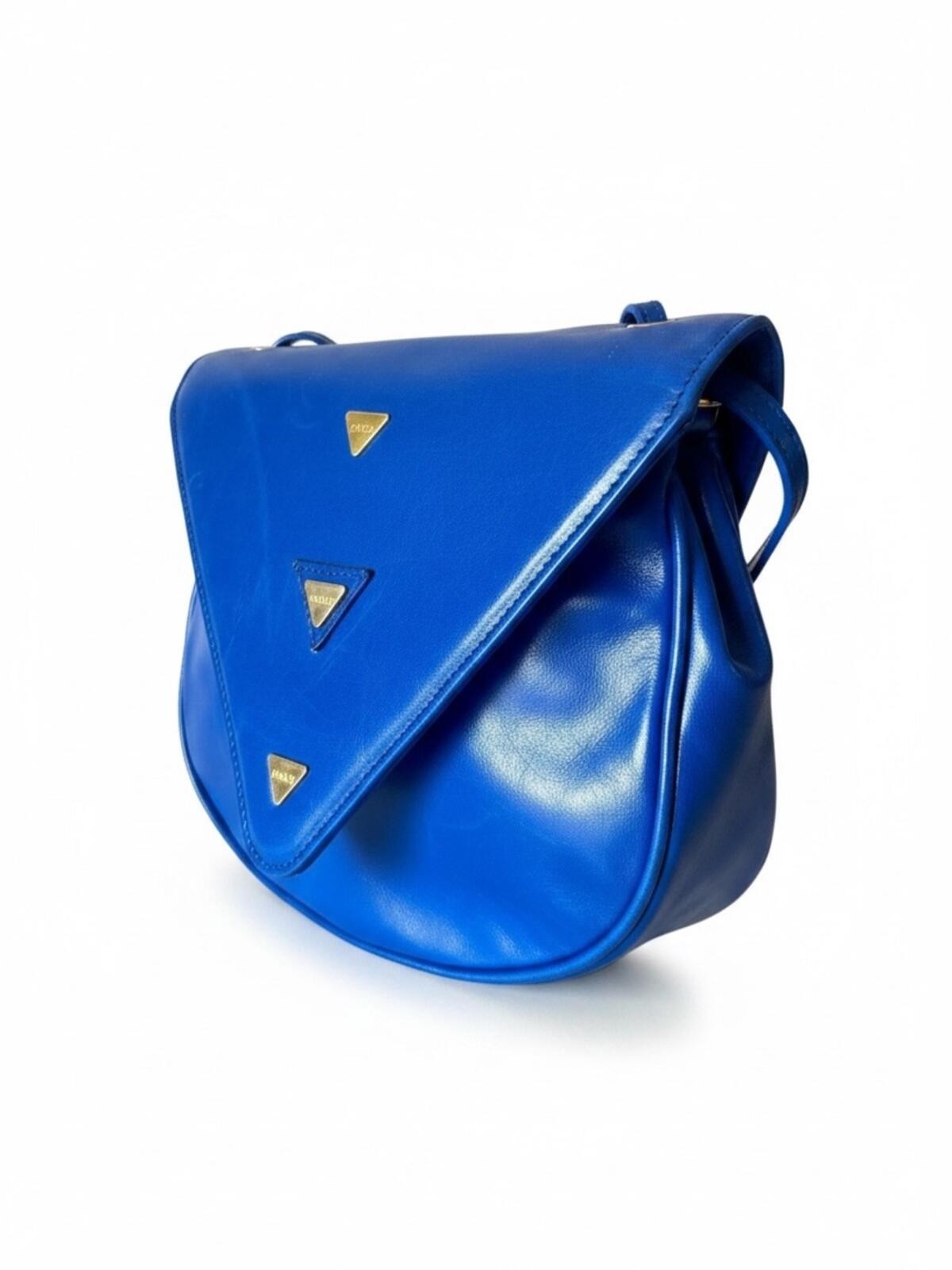 Vintage 1980s Bally Cobalt Blue Leather Triangle Logo Crossbody Shoulder Bag
