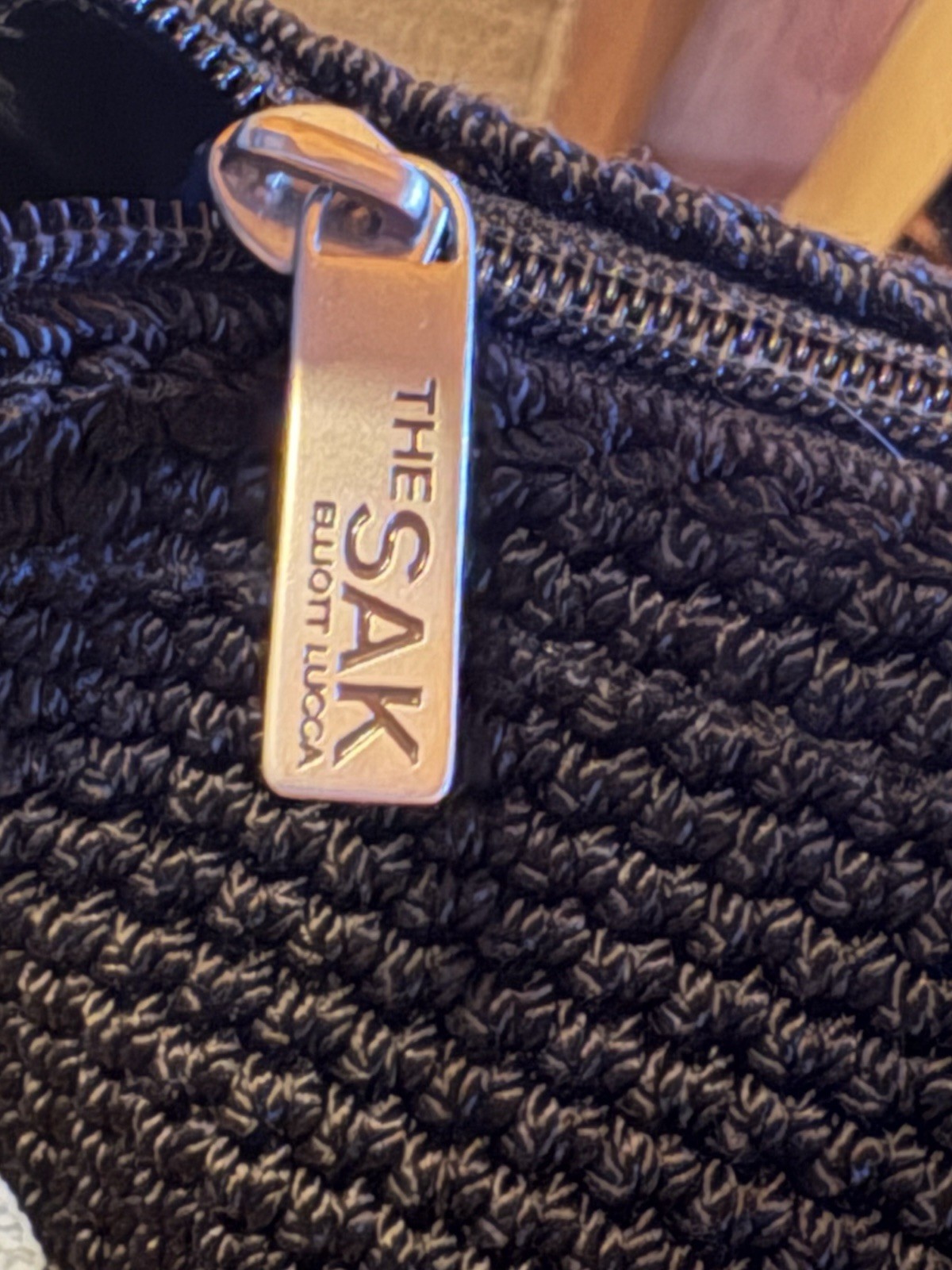 “The Sak Elliot Luca” Black Woven Bag 13 X 8.75 X 4” W/charm Excellent