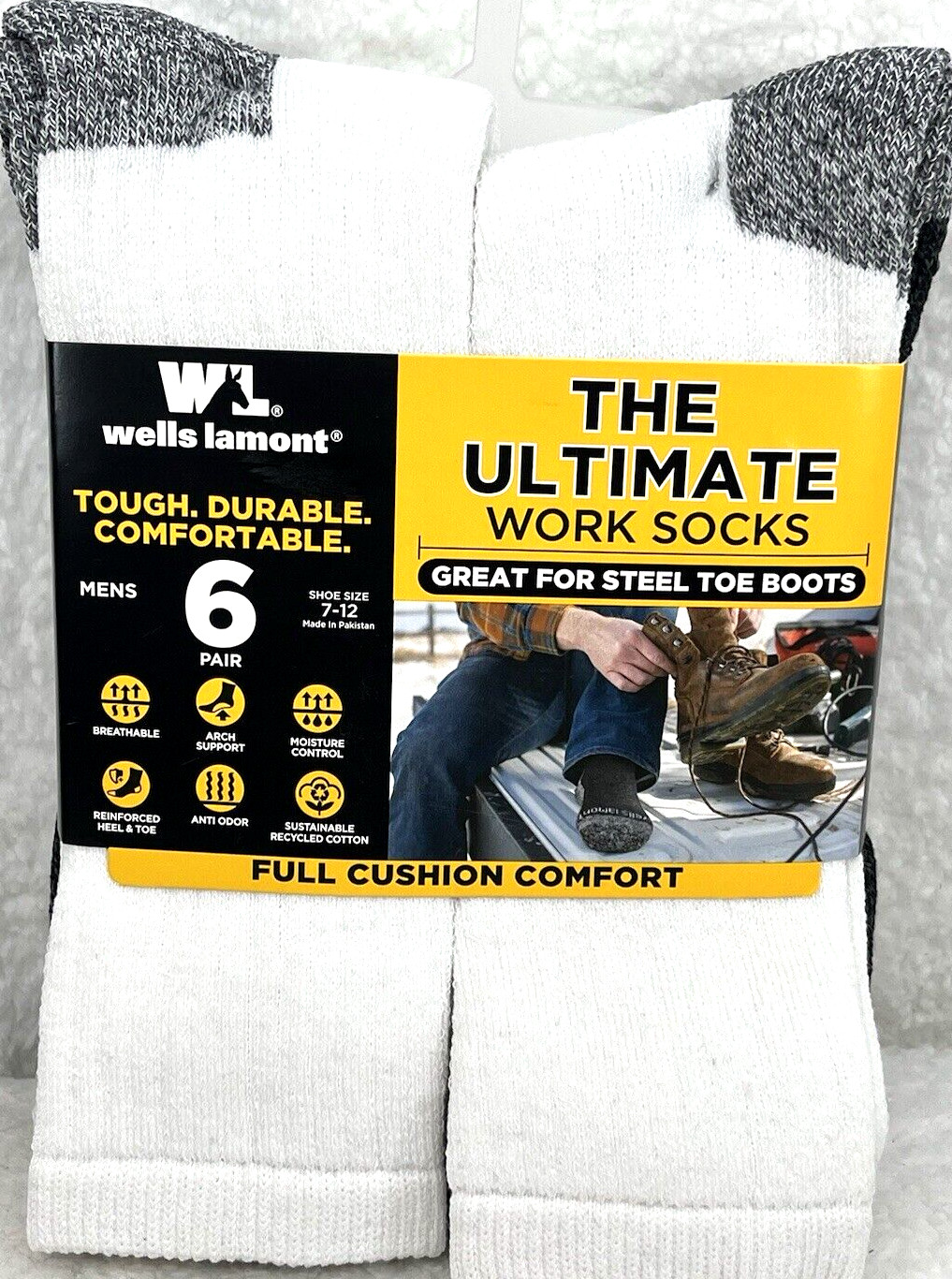 Wells Lamont Men’s Work Crew Socks 6-Pk White/Gray Great For Steel Toe Boots