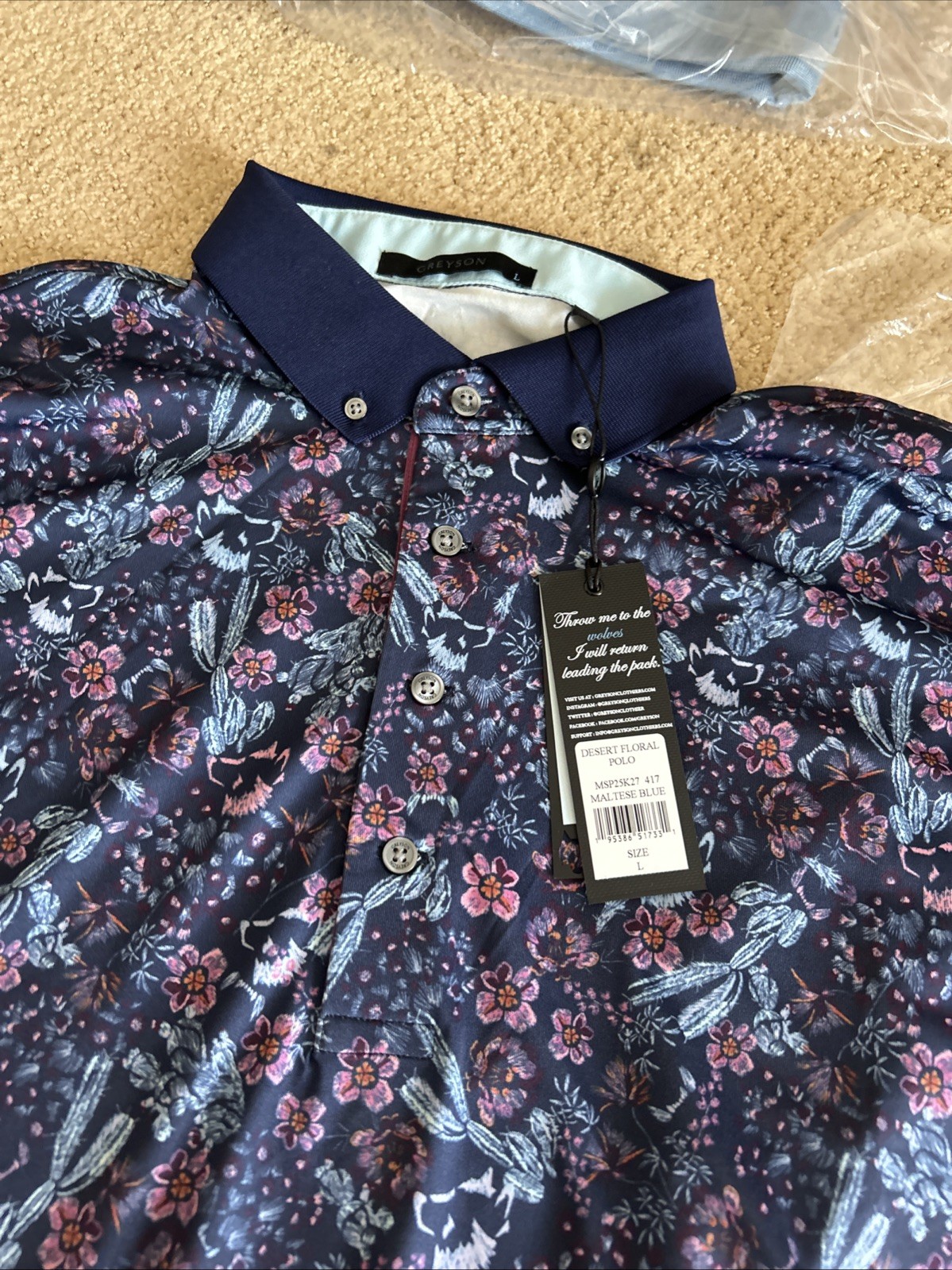NWT Greyson Desert Floral Golf Polo Shirt Maltese Blue Men’s Sz Large MSRP $118