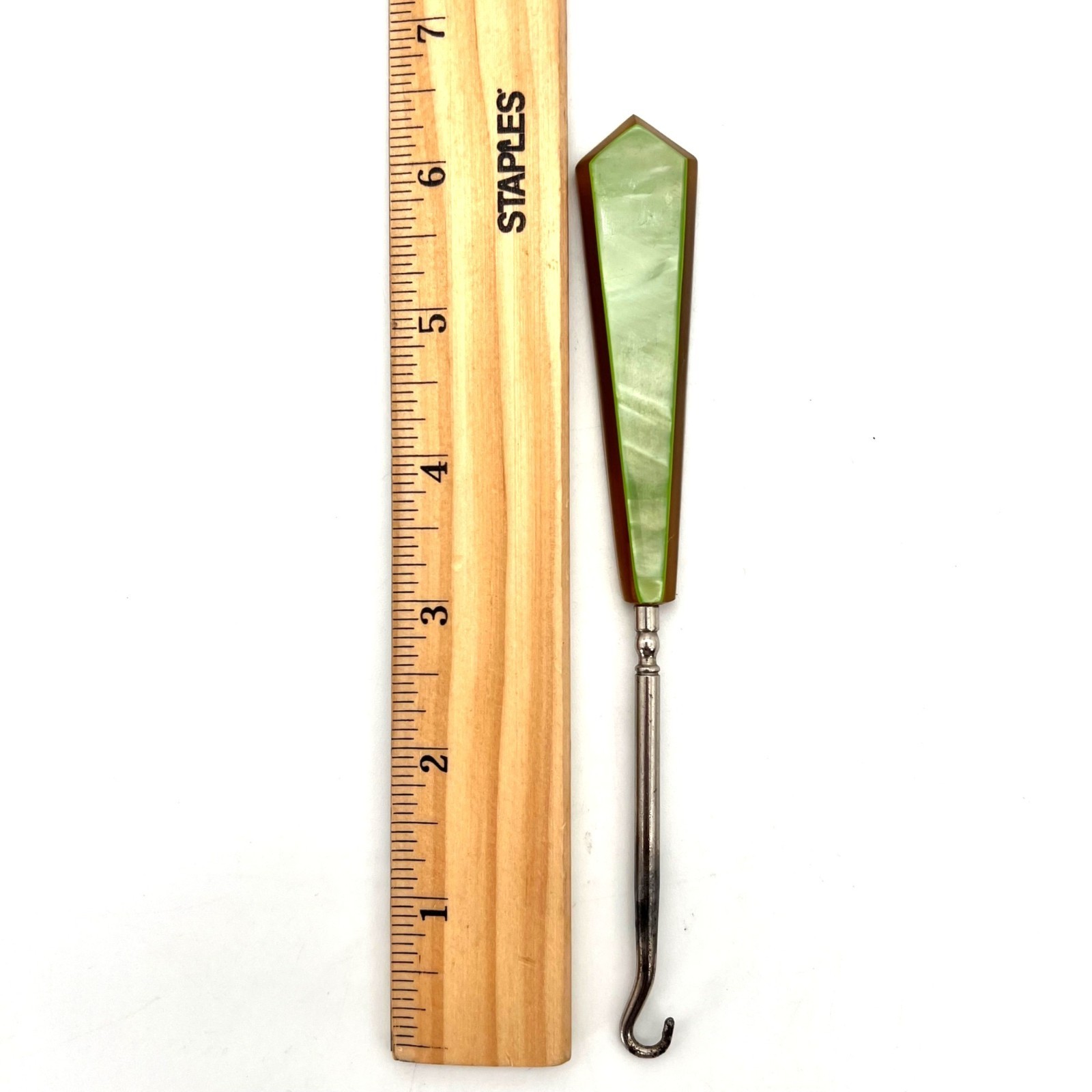 Vintage Victorian Era Bakelite Button Hook Tool Metal Shaft Pearl Green & Brown