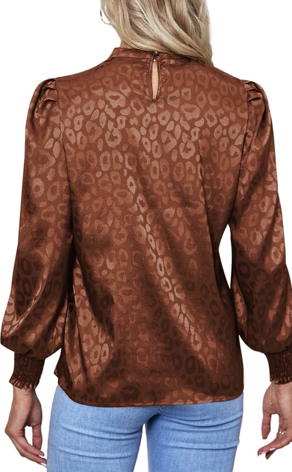 Lyaner NWOT Brown Satin Mock Neck Puff Sleeve Blouse XL Leopard Jacquard
