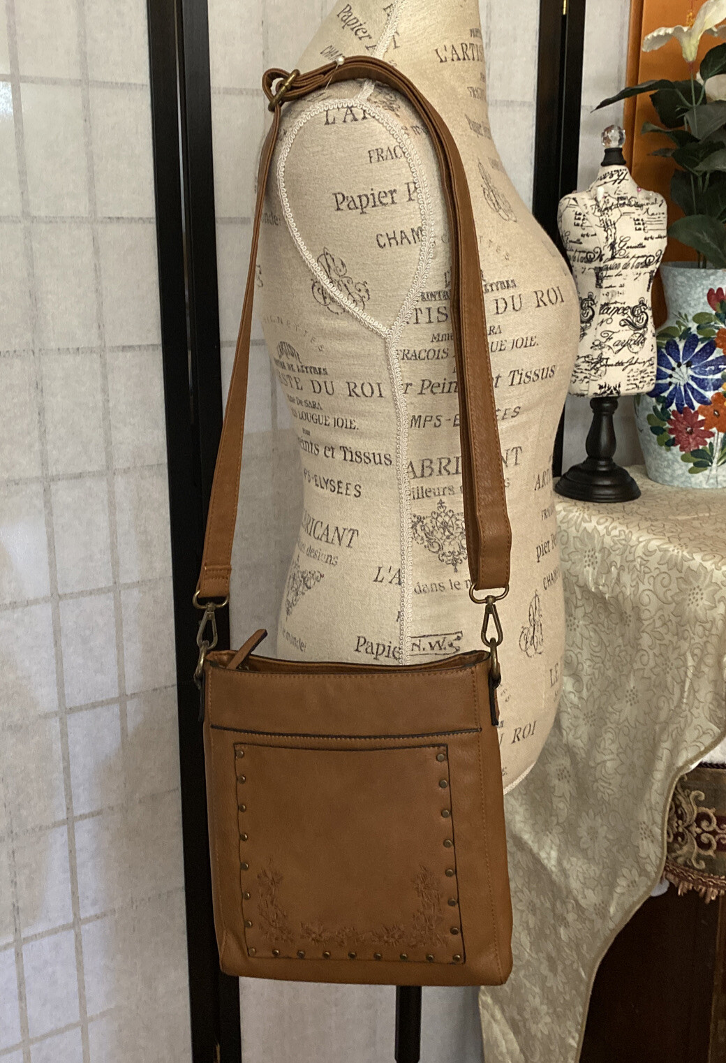 G.H. Bass Brown Embroid’d & Riveted Vegan Leather Shoulder Bag/Crossbody/Purse