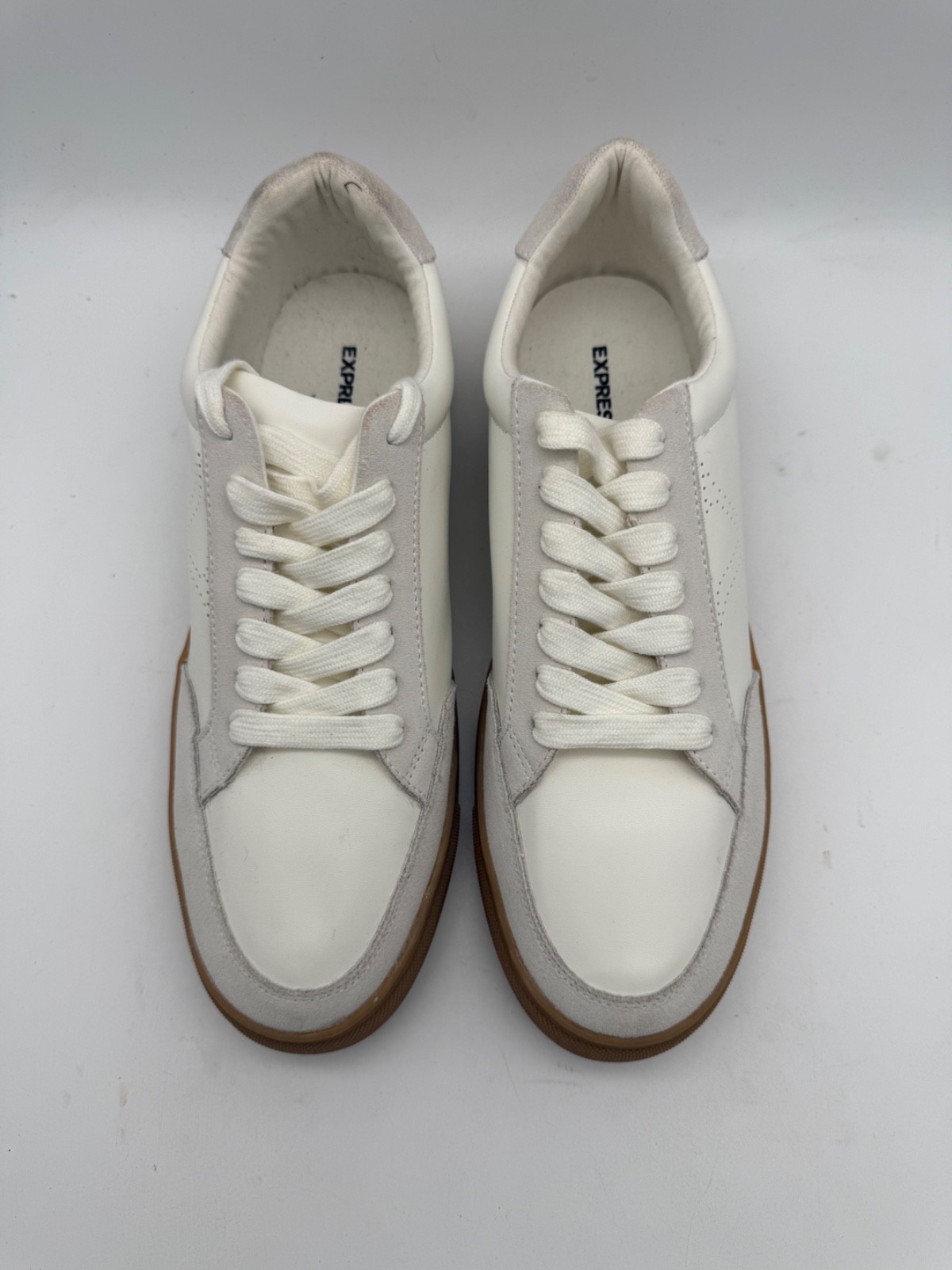 BRAND NEW Express White Sneakers PU Leather with Suede Detail Gum Sole Size 10