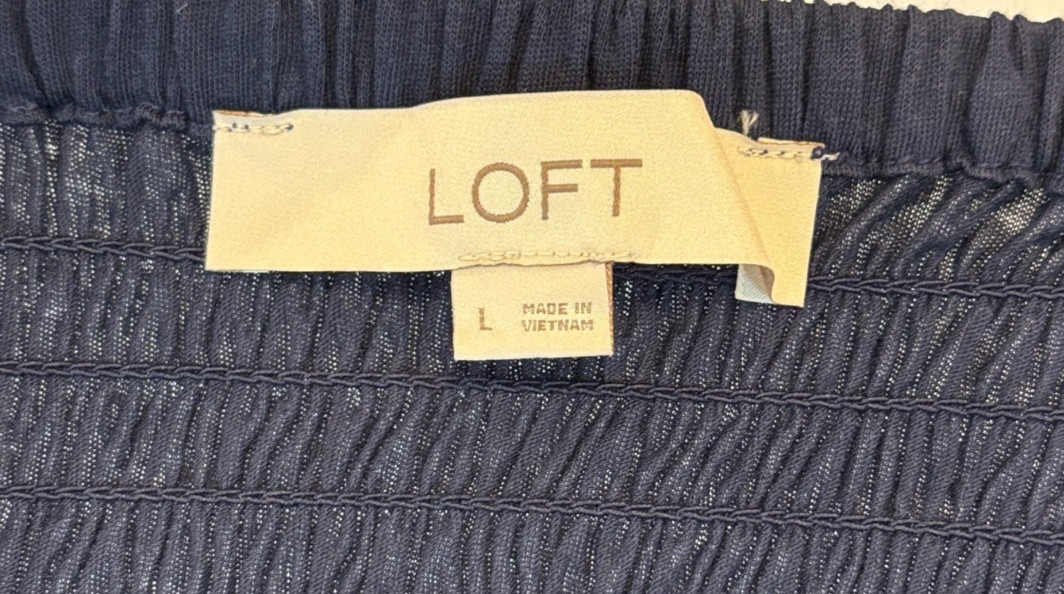 LOFT Navy Blue Smocked Puff Sleeve Blouse Women’s Large L Peplum Square Neck Top