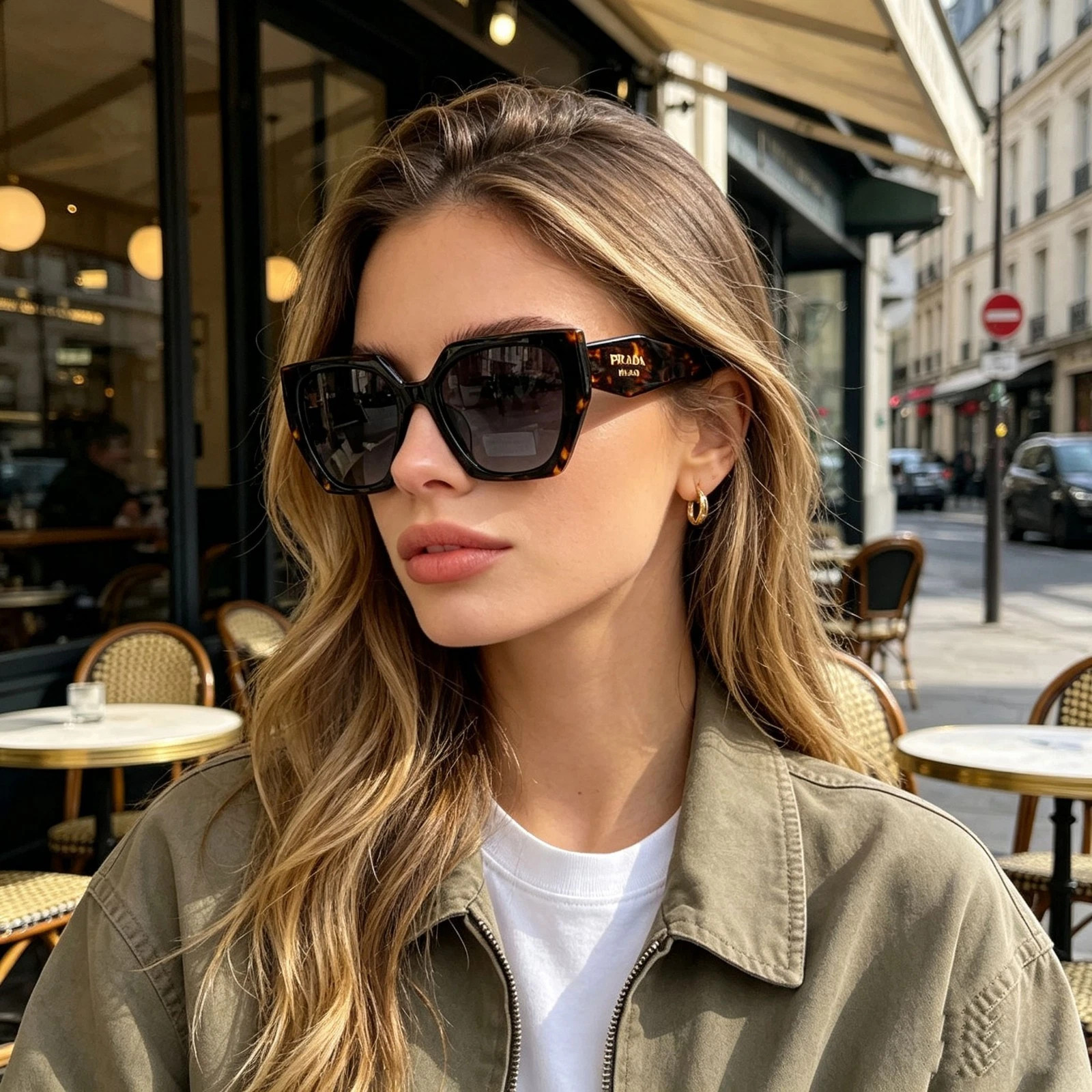 Prada PR 15WS Oversized Square Sunglasses Women Authentic Black Tortoiseshell