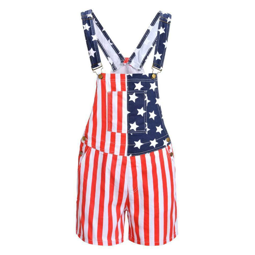 ON SALE!! Overalls USA America Flag Print Bib Pants Jumpsuit Romper Shorts