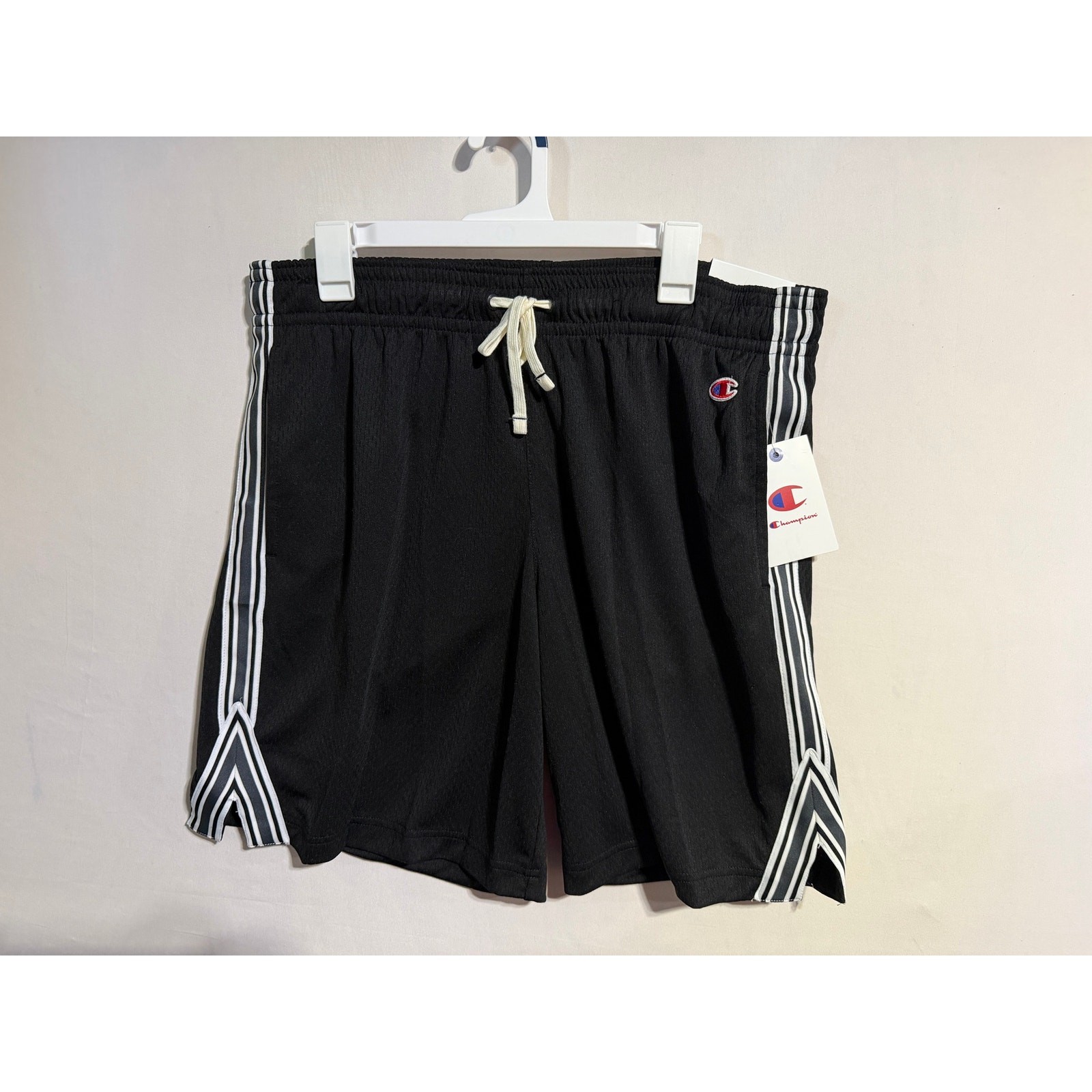 Champion Men’s Mesh Shorts Large Black Stripe Drawstring Athletic Basketball NWT