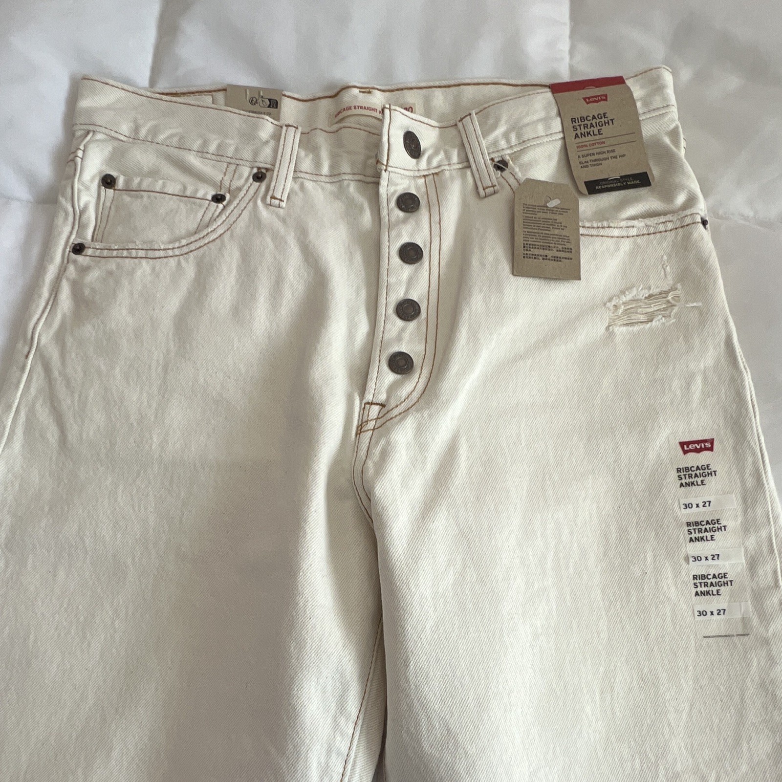 Levi’s High-Rise Straight White Denim Jeans Button Fly Distressed 5-Pocket 30
