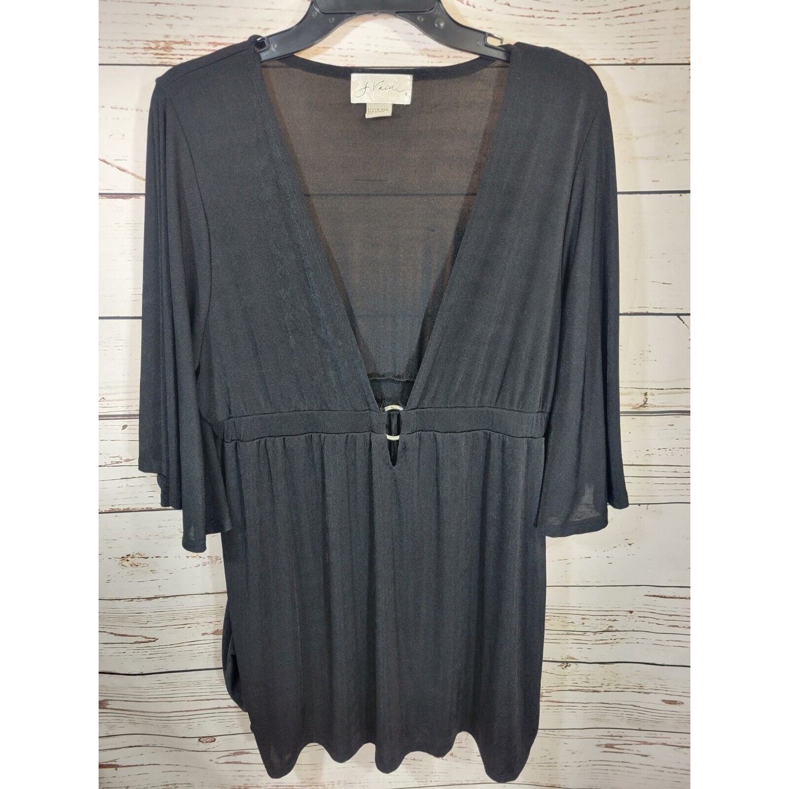 J. Valdi batwing Sleeve Tunic Top Black Slinky Plunge V-Neck Sheer 3/4 Sz Large