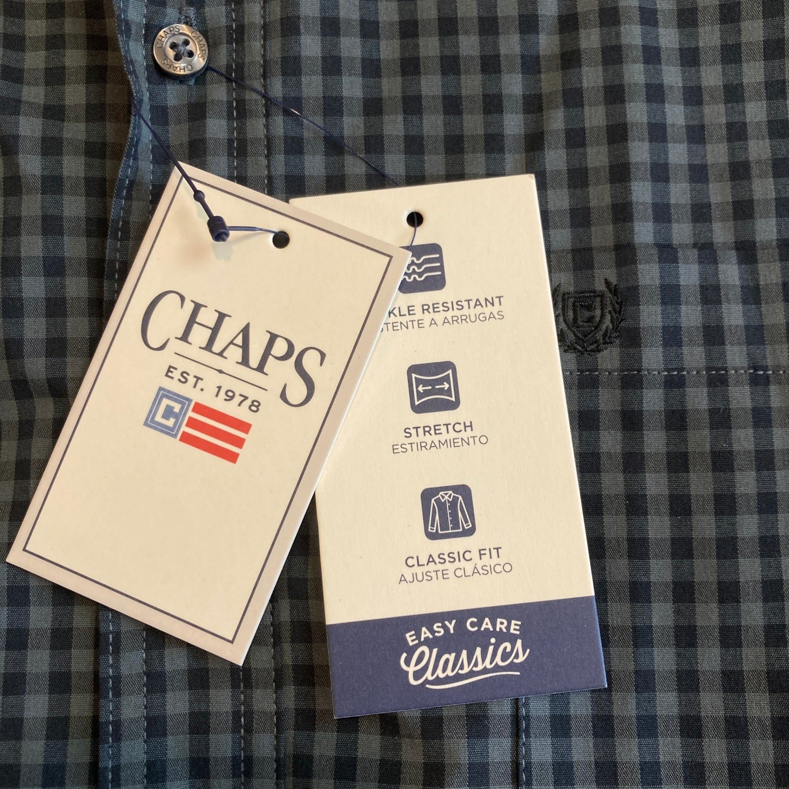 NEW Chaps Mens 2XL Graphite Gingham Stretch Easy Care Button Down Shirt NWT