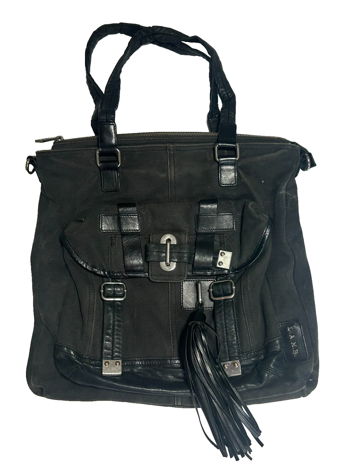 L.A.M.B. DUNKIRK MARNEY CANVAS AND LEATHER MESSENGER TOTE BAG BLACK