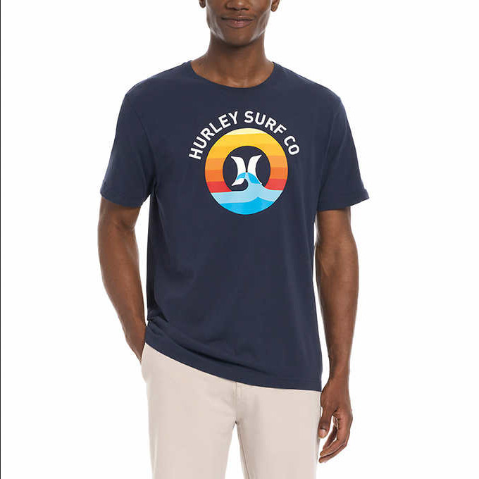 Hurley Mens Graphic Print Logo Short Sleeve T-Shirt – Blue, L