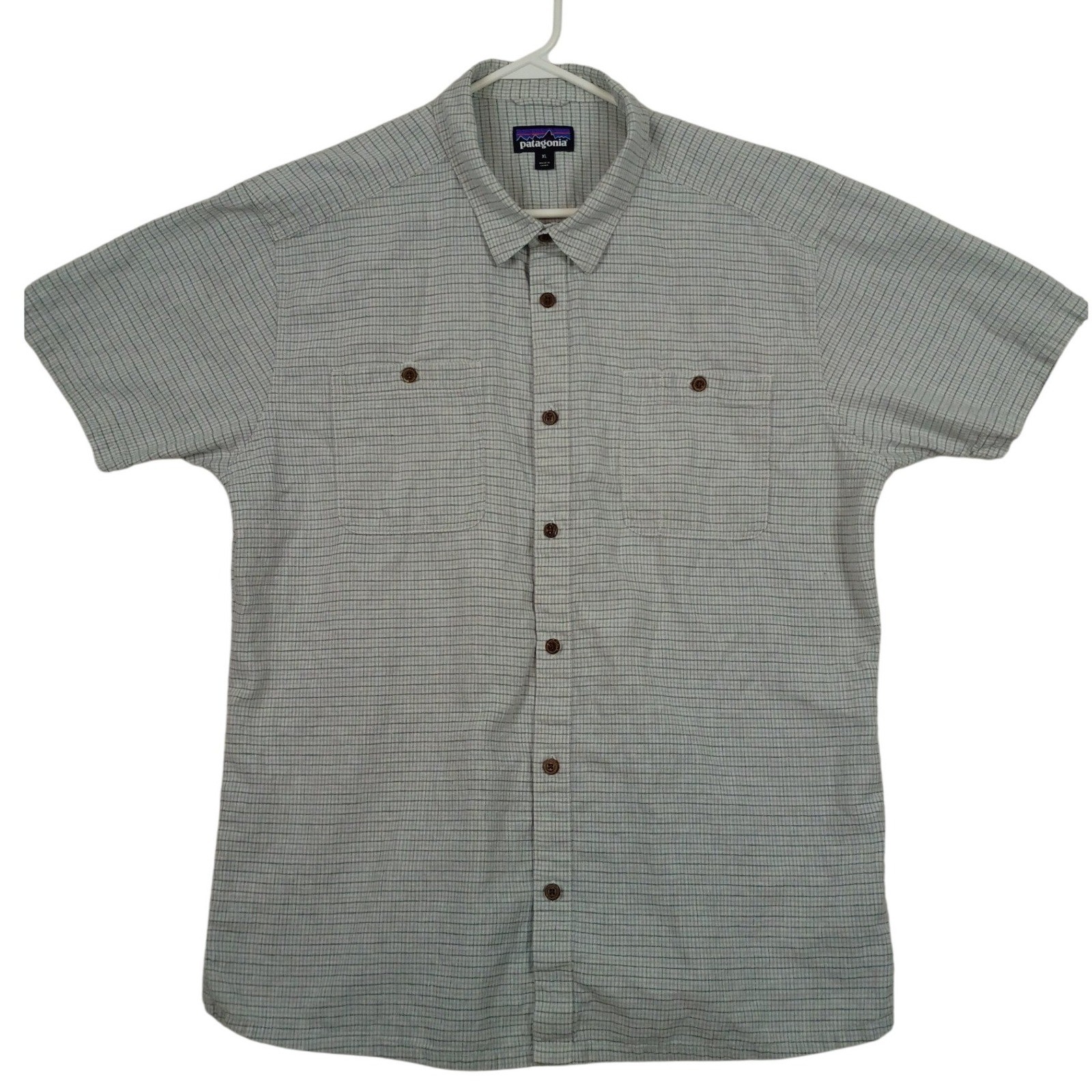 Patagonia Worn Wear Shirt Mens XL Grey Hemp Organic Cotton Grid Short Sleeve