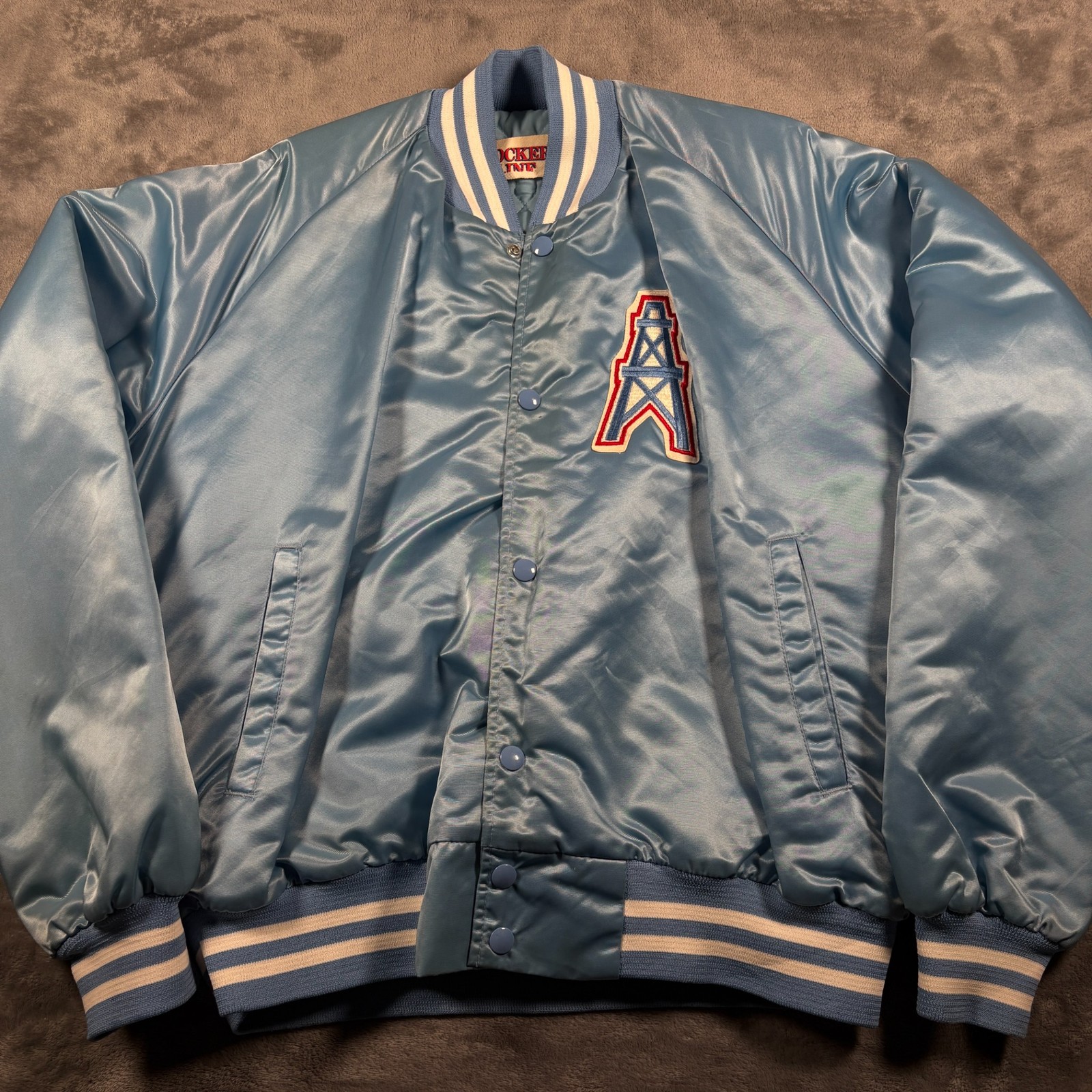 Vintage Houston Oilers Satin Jacket Mens Large Blue Locker Line NFL Embroidered