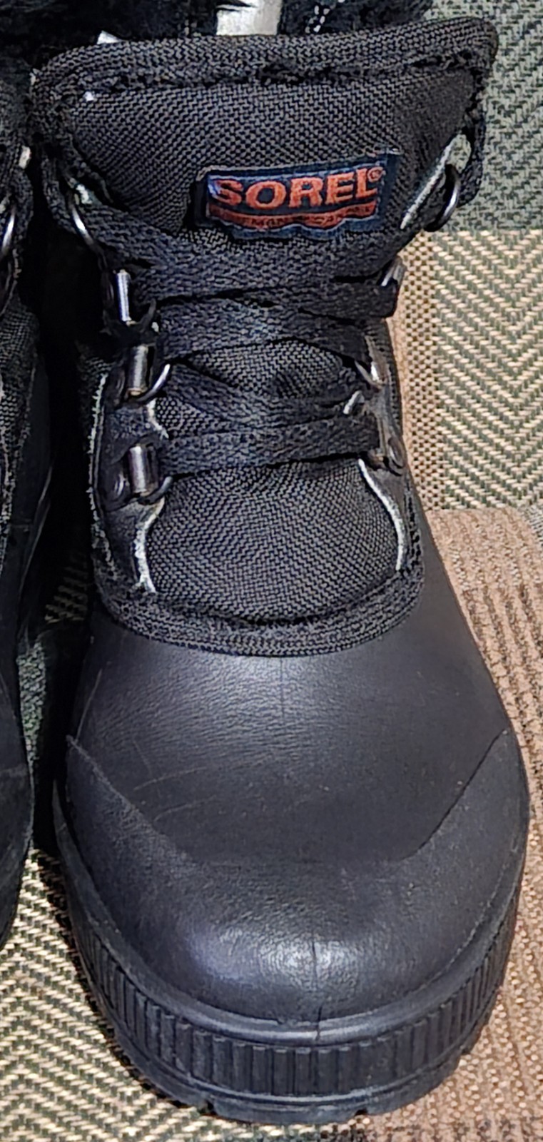 Vintage SOREL Kaufman Black Nylon & Rubber Winter Boots Faux Fur Trim Canada 6