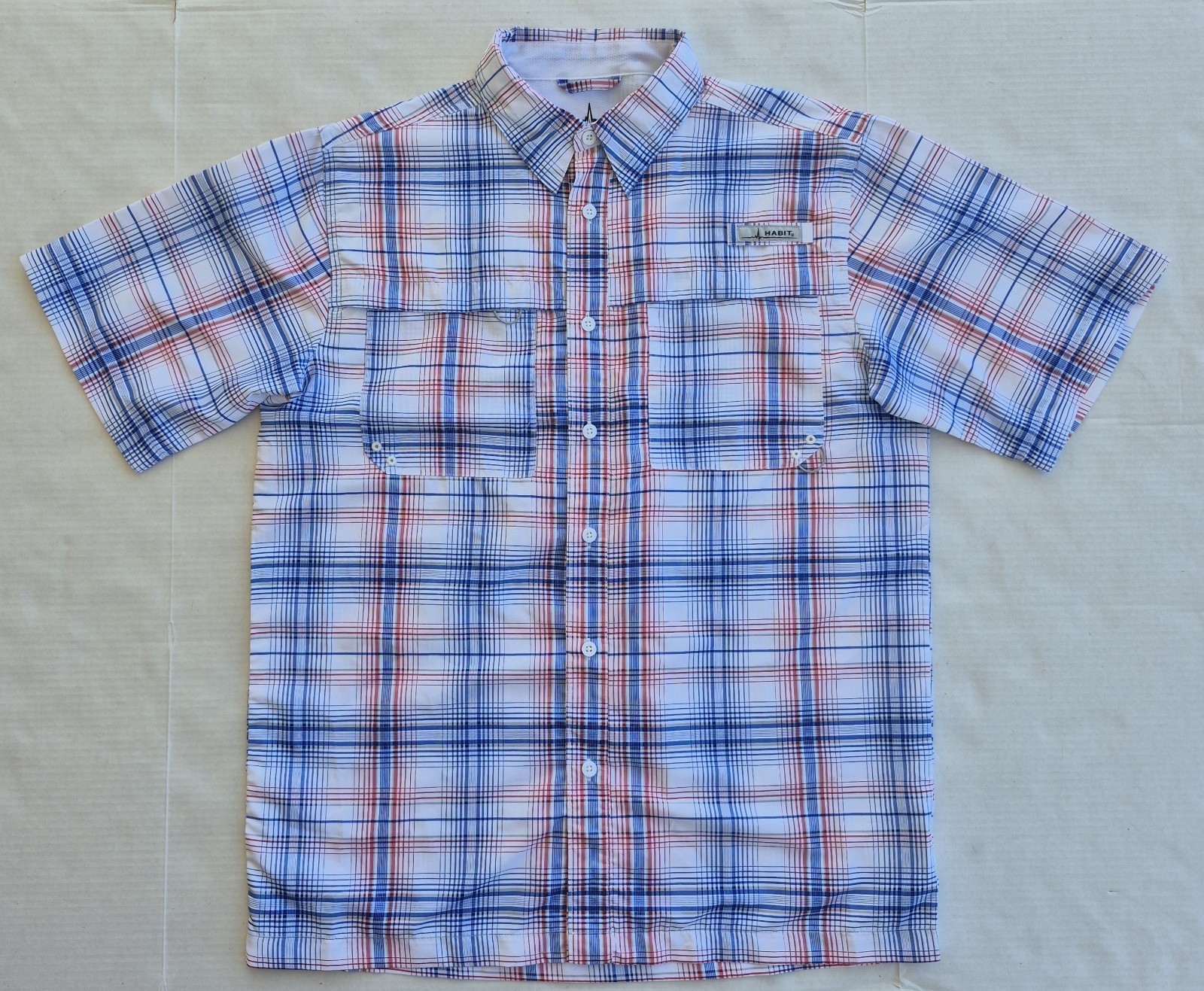 Habit Men’s White Blue Red Plaid Button Up Vented Shirt Size Medium