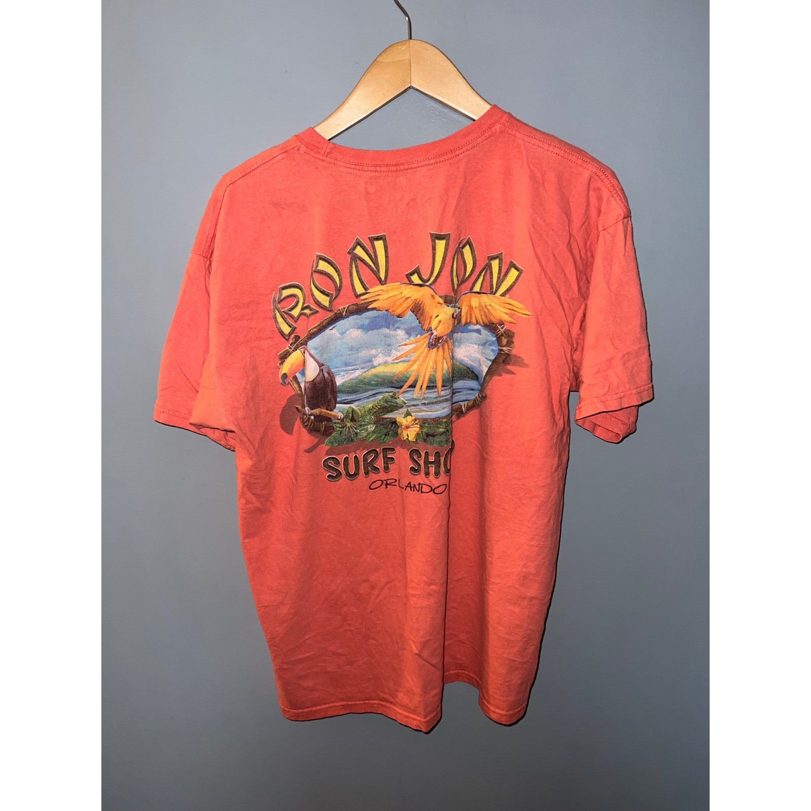 Ron Jon Surf Shop Orlando Graphic T-Shirt Coral Orange Tropical Birds Mens L