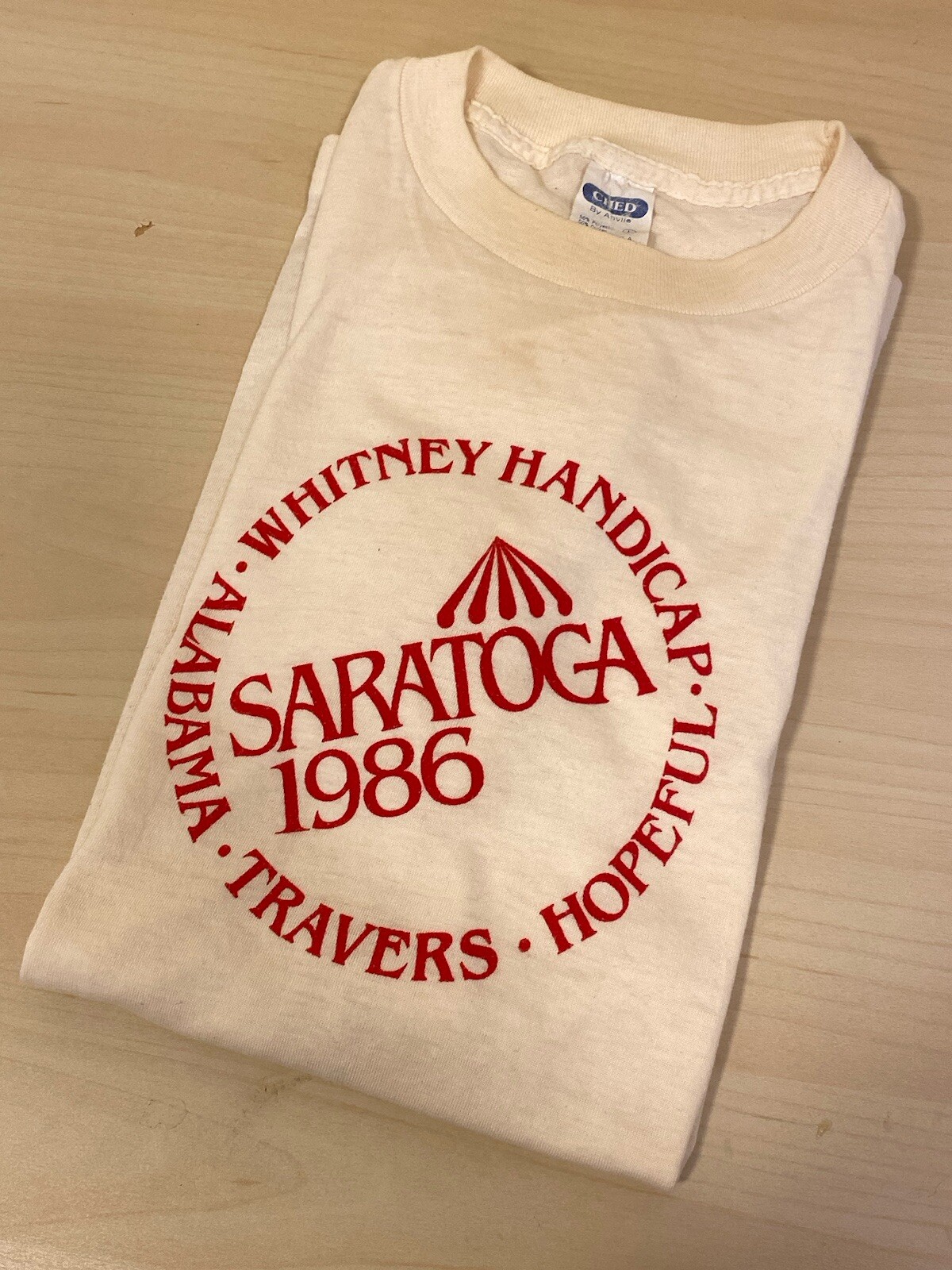 Vintage Ched by Anvil Single Stitch Saratoga 1986 USA L Concert T-Shirt
