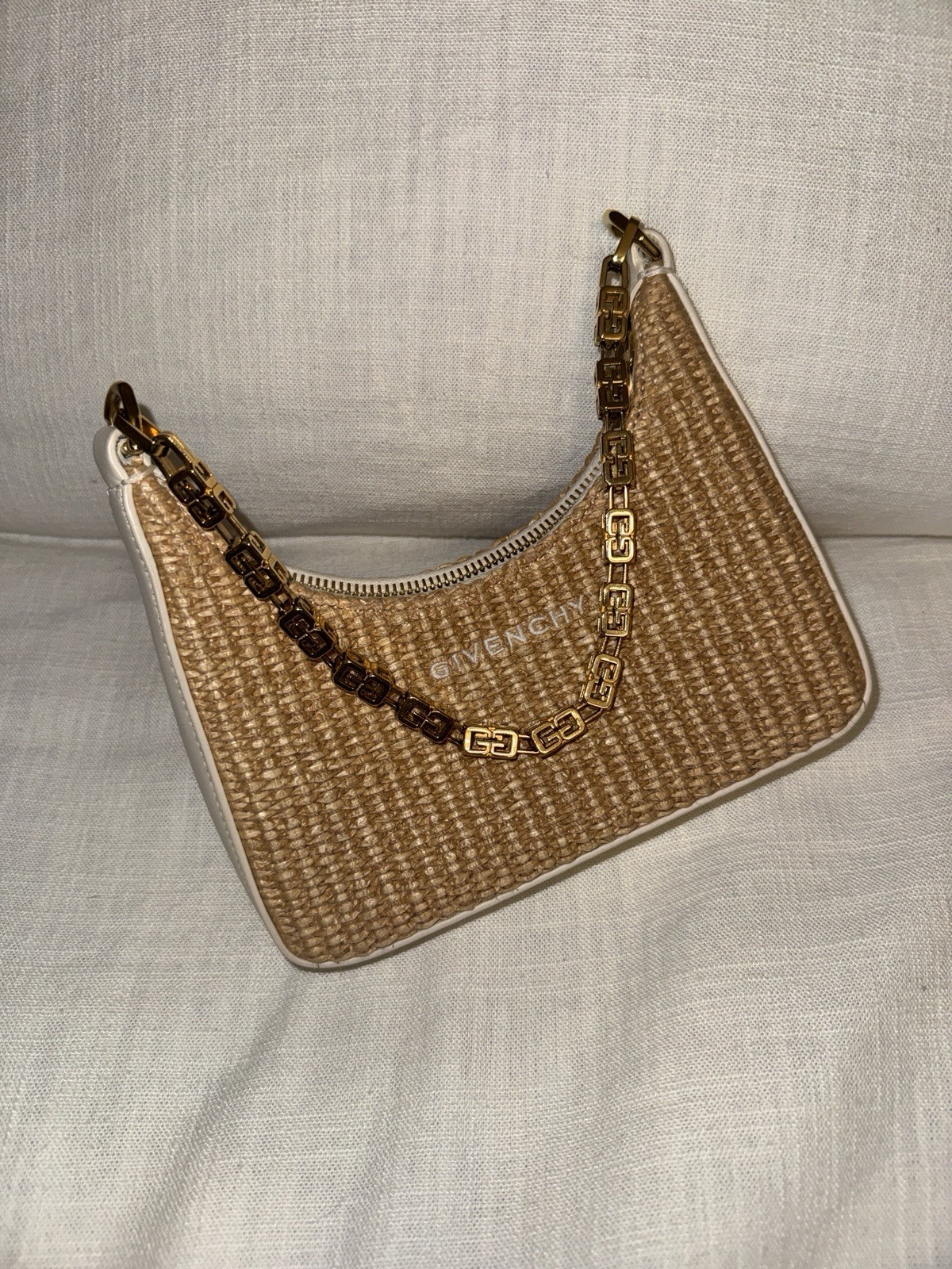 Givenchy Moon Cut Out Mini Shoulder Bag in Raffia with Chain