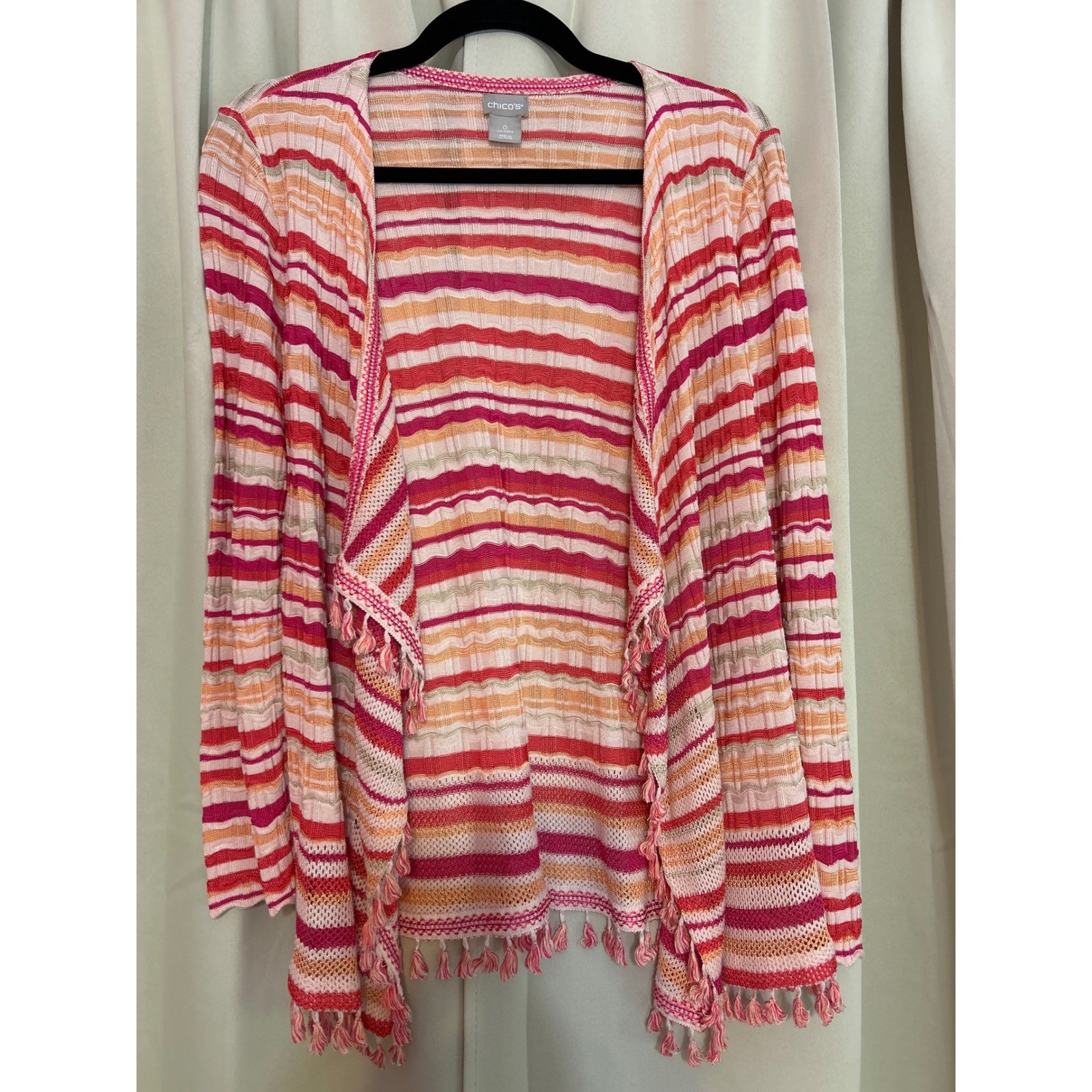 Chico’s Striped Open Front Cardigan Pink Orange Tassel Fringe Size 0 Small