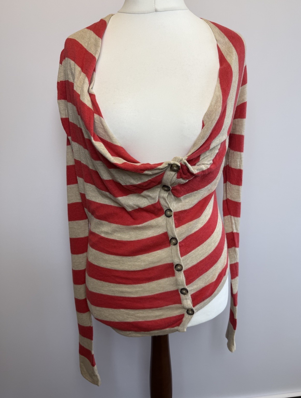 All Saints Women’s Cardigan UK 12 Red Beige Stripe Asymmetric 00s y2k Lightweig