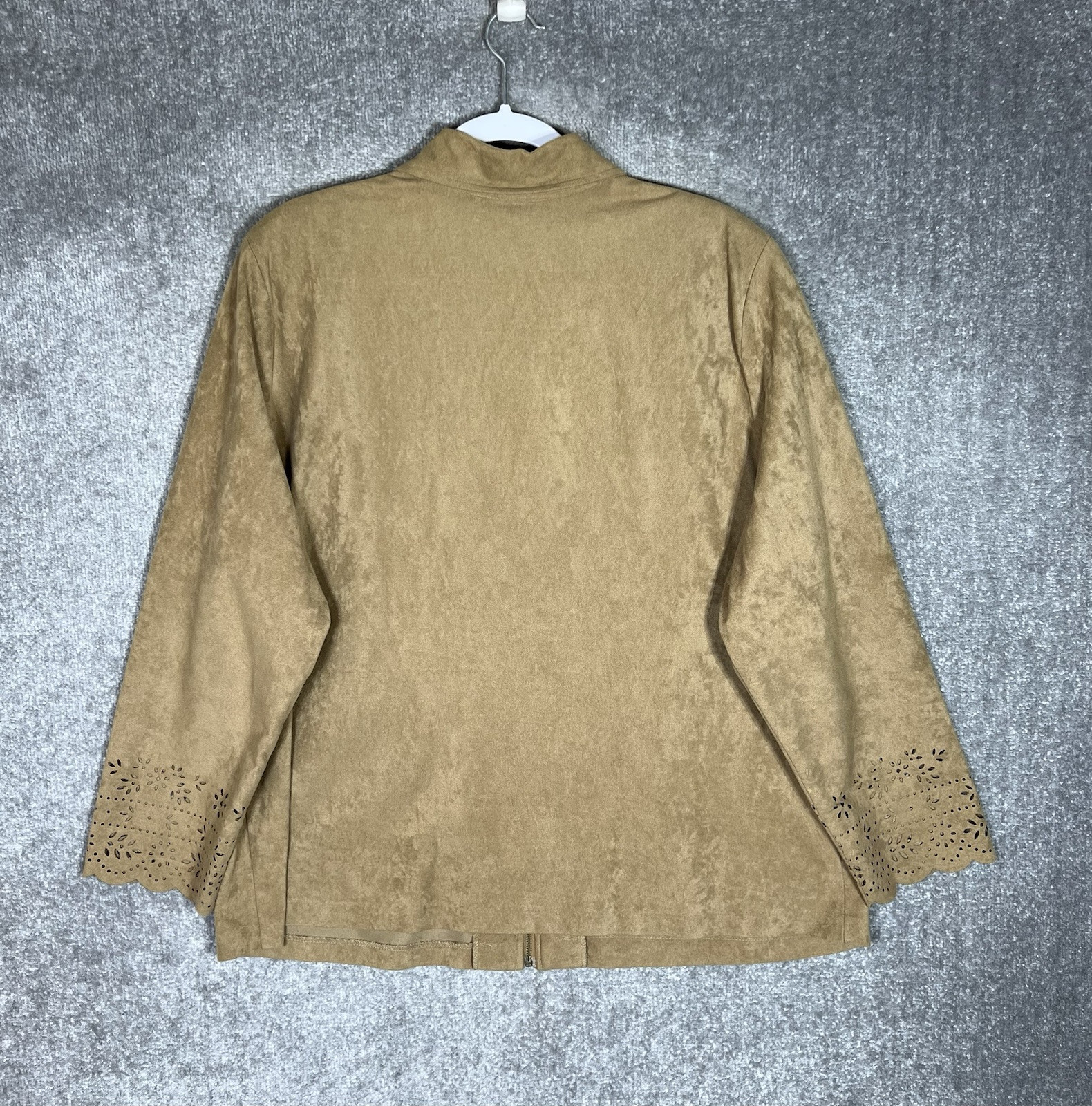 Vintage Passports Faux Suede Microfiber Jacket Women Size 2X Brown Floral Cutout