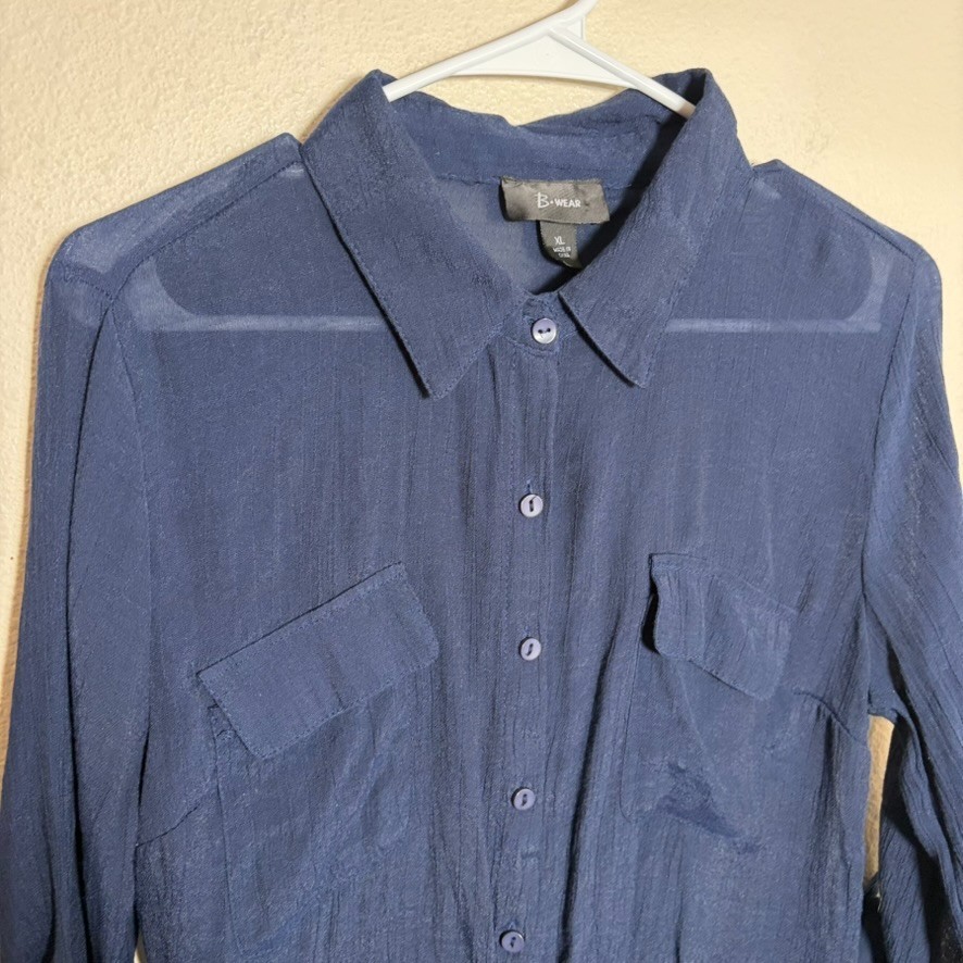 B Wear Shirt Women’s XL Blue Navy Button Up Sheer Pocket 3/4 Sleeve Casual Top