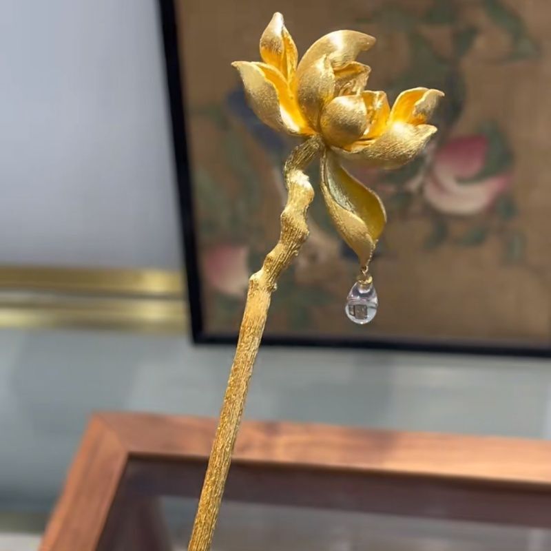 Lotus Hairpin Crystal Drop Chinese Style Gold Hair Stick Hanfu Qipao Accessory
