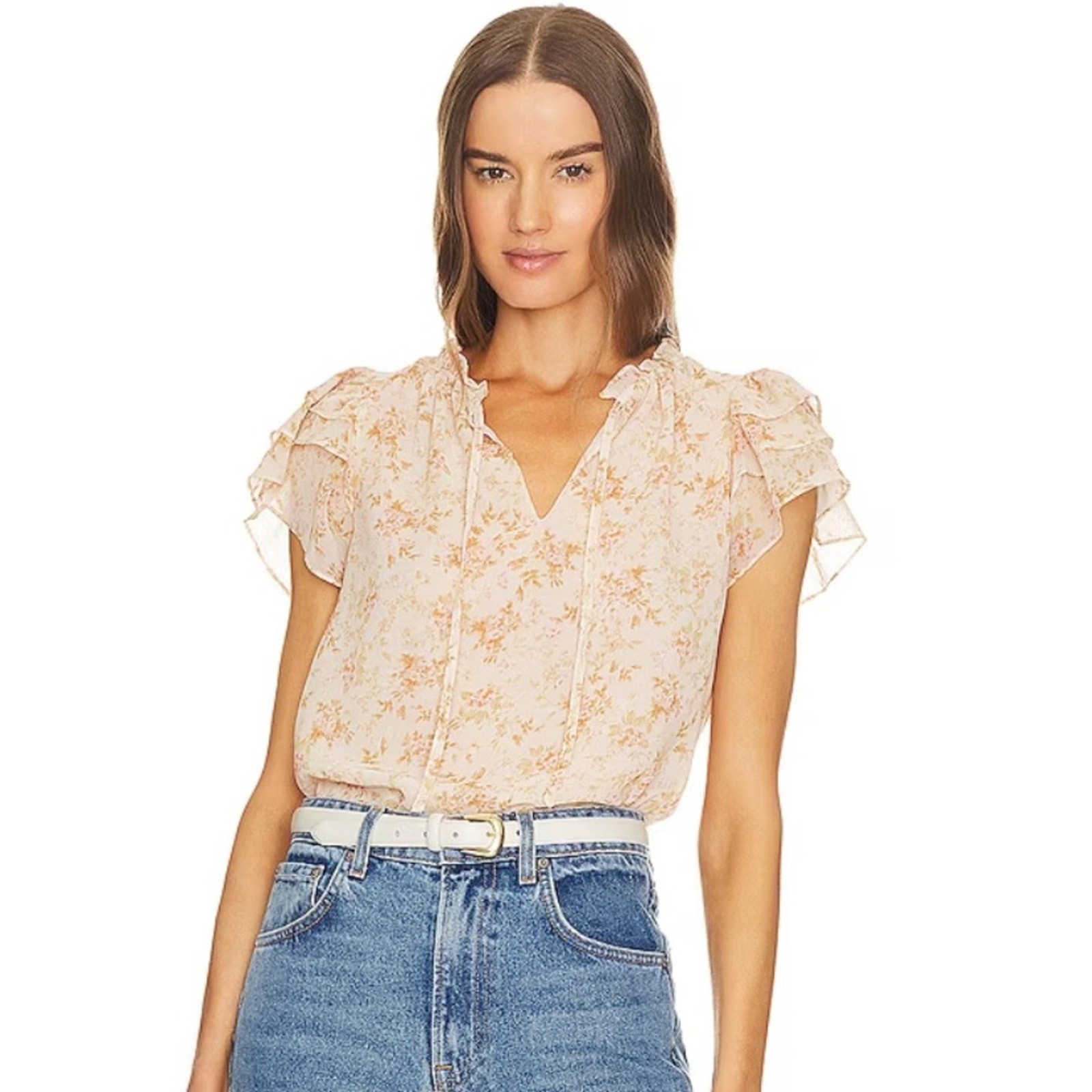 1 STATE Pink Flutter Sleeve Tie Neck Blouse Chiffon Ruffle Top Women’s Small